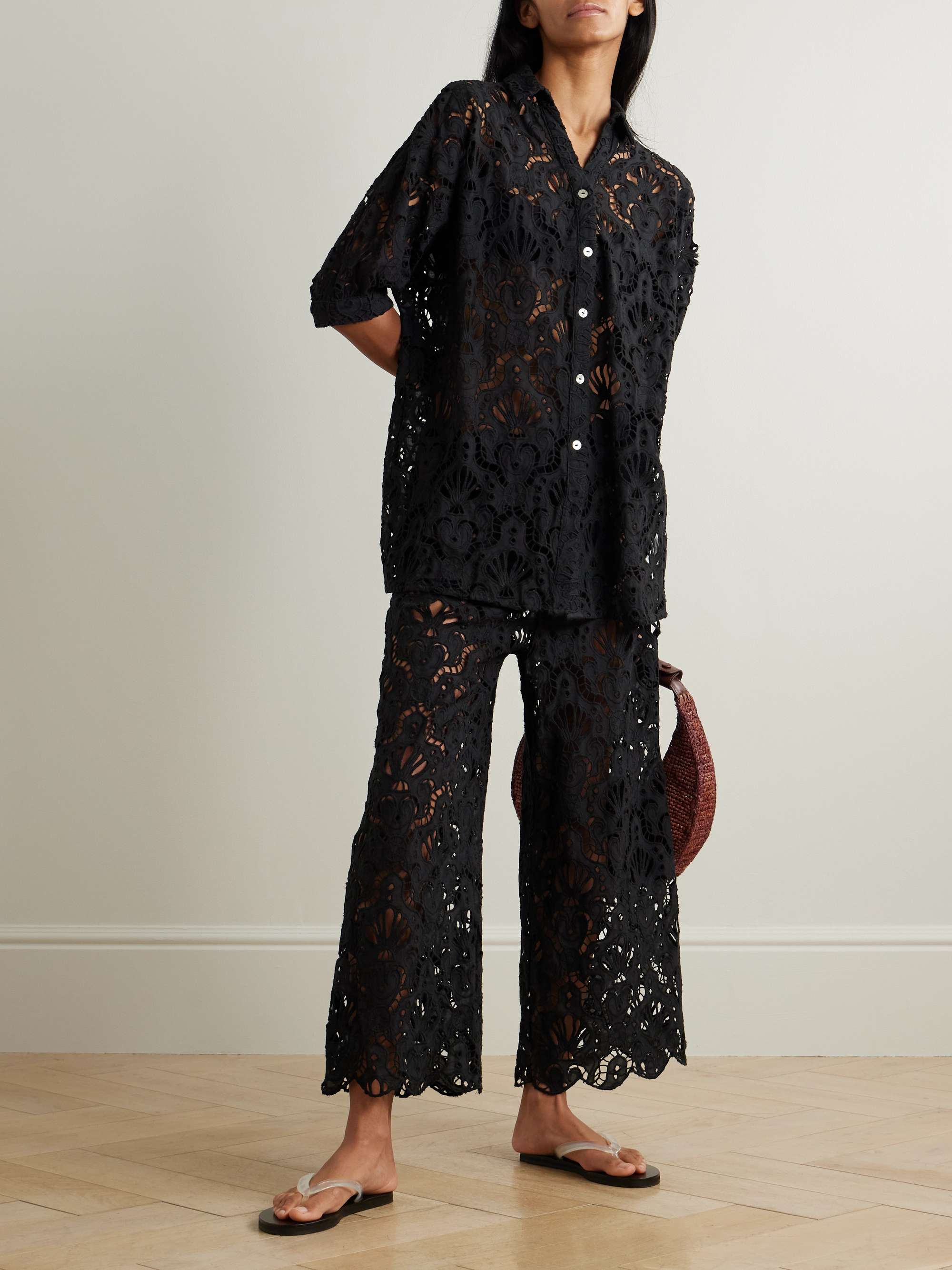 Seashell tassled broderie anglaise cotton wide-leg pants view