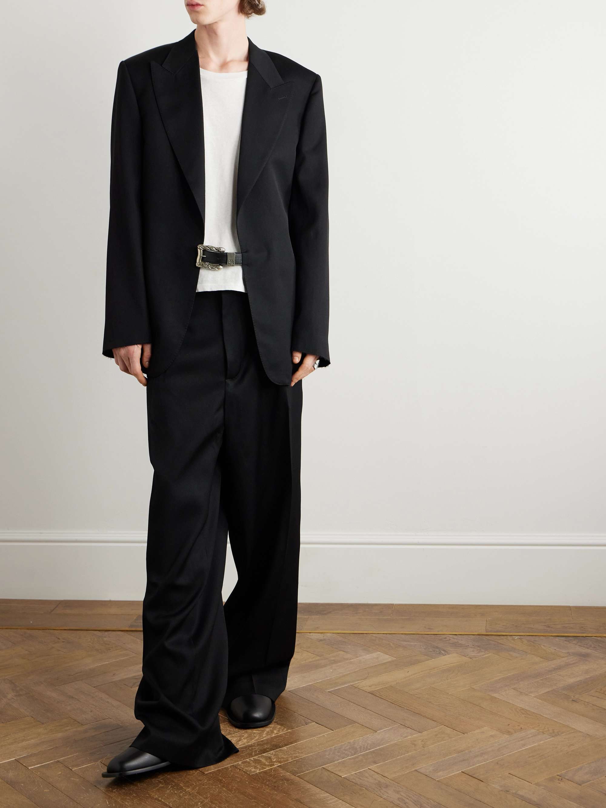 Farewell Buckle-Embellished Leather-Trimmed Wool-Gabardine Blazer view