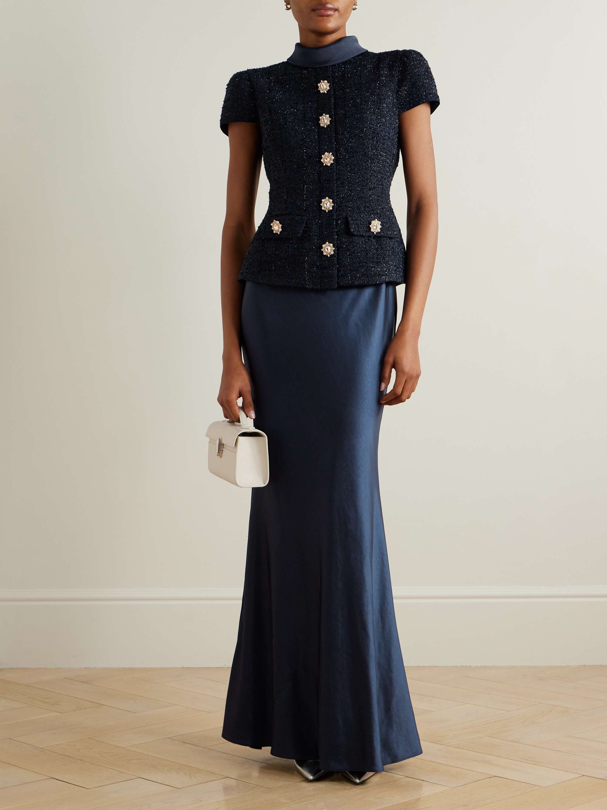 Layered embellished metallic bouclé-tweed and satin maxi dress view