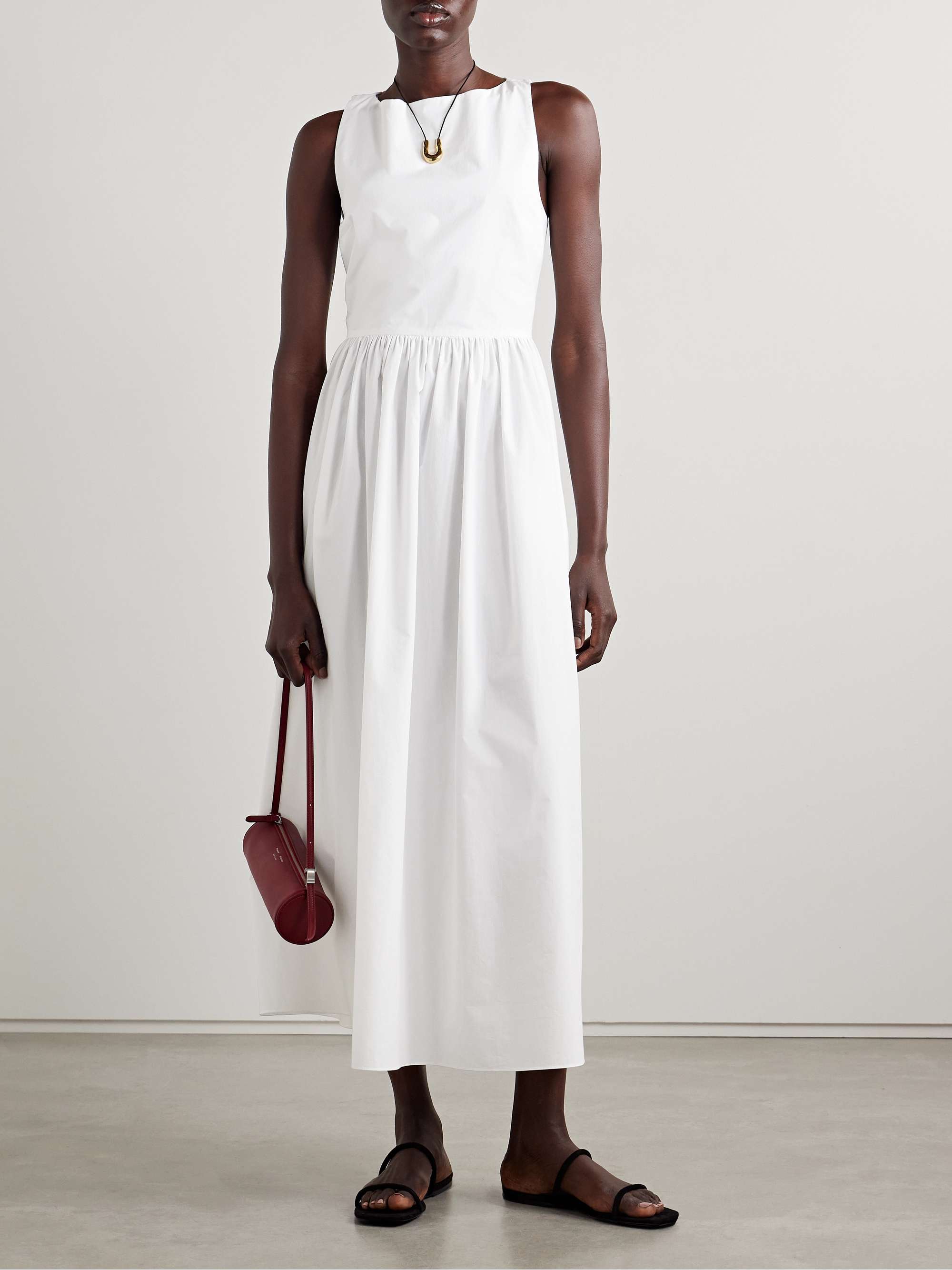 Tie-detailed gathered organic cotton midi dress view