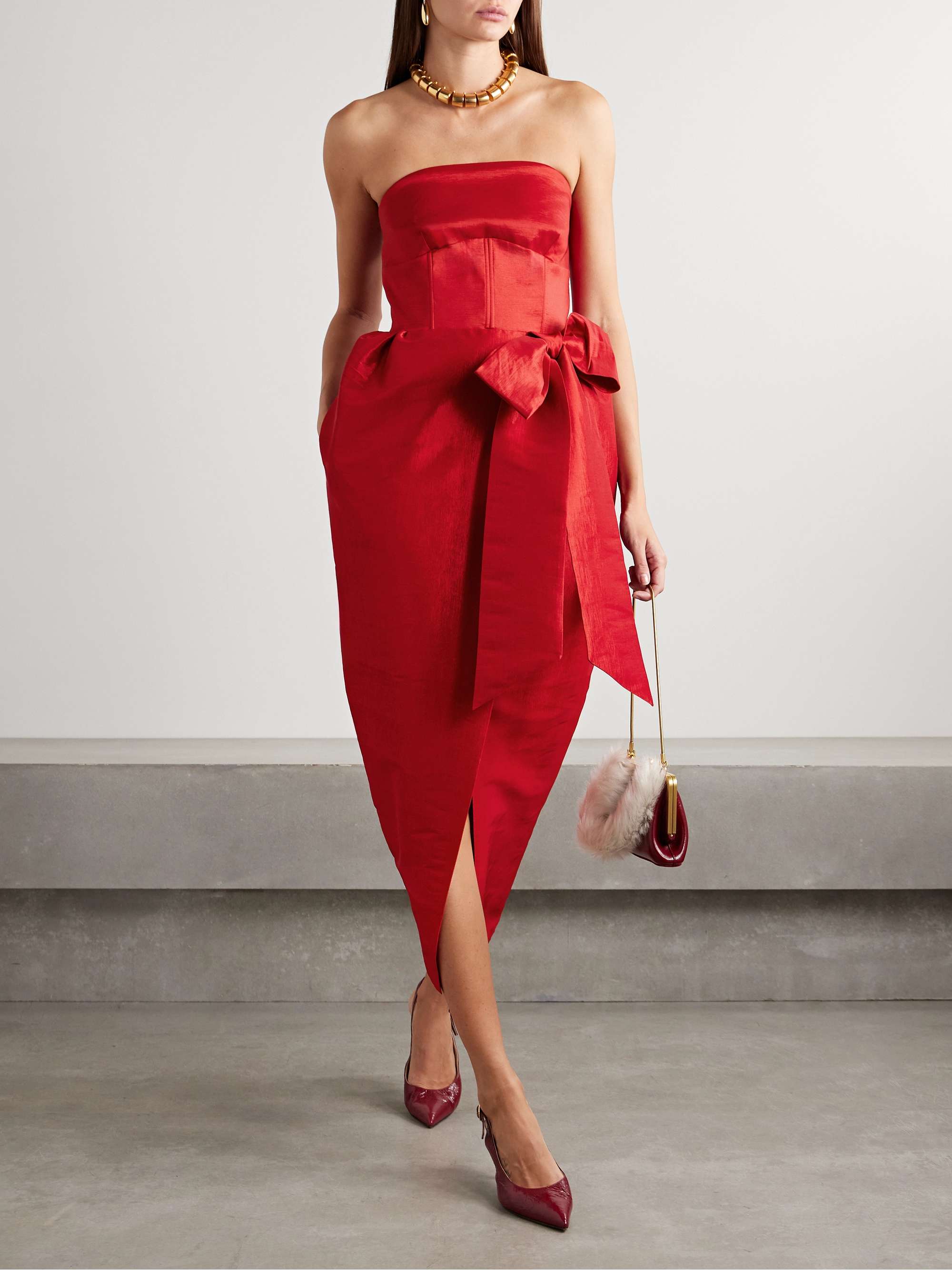 Ava strapless bow-detailed taffeta midi dress view