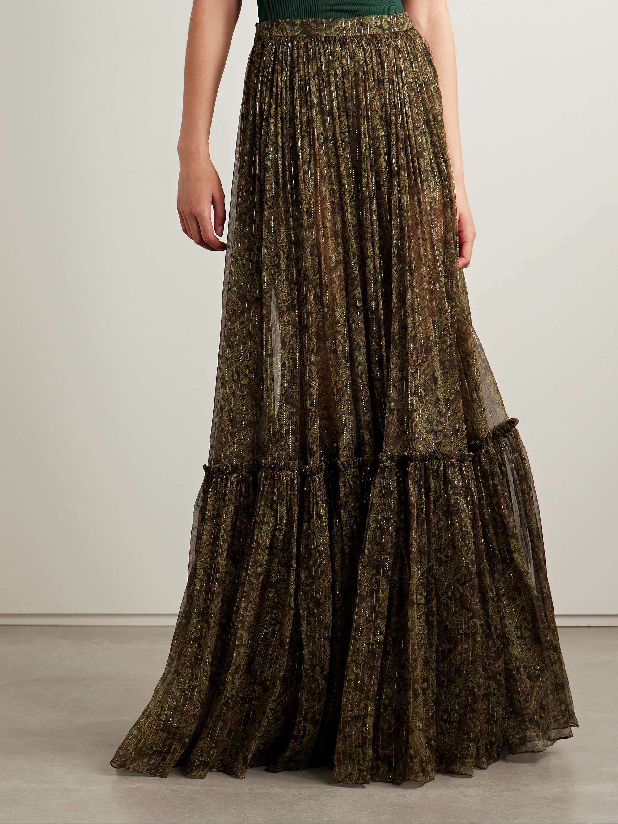 Tiered metallic paisley-print silk-blend crepon maxi skirt view