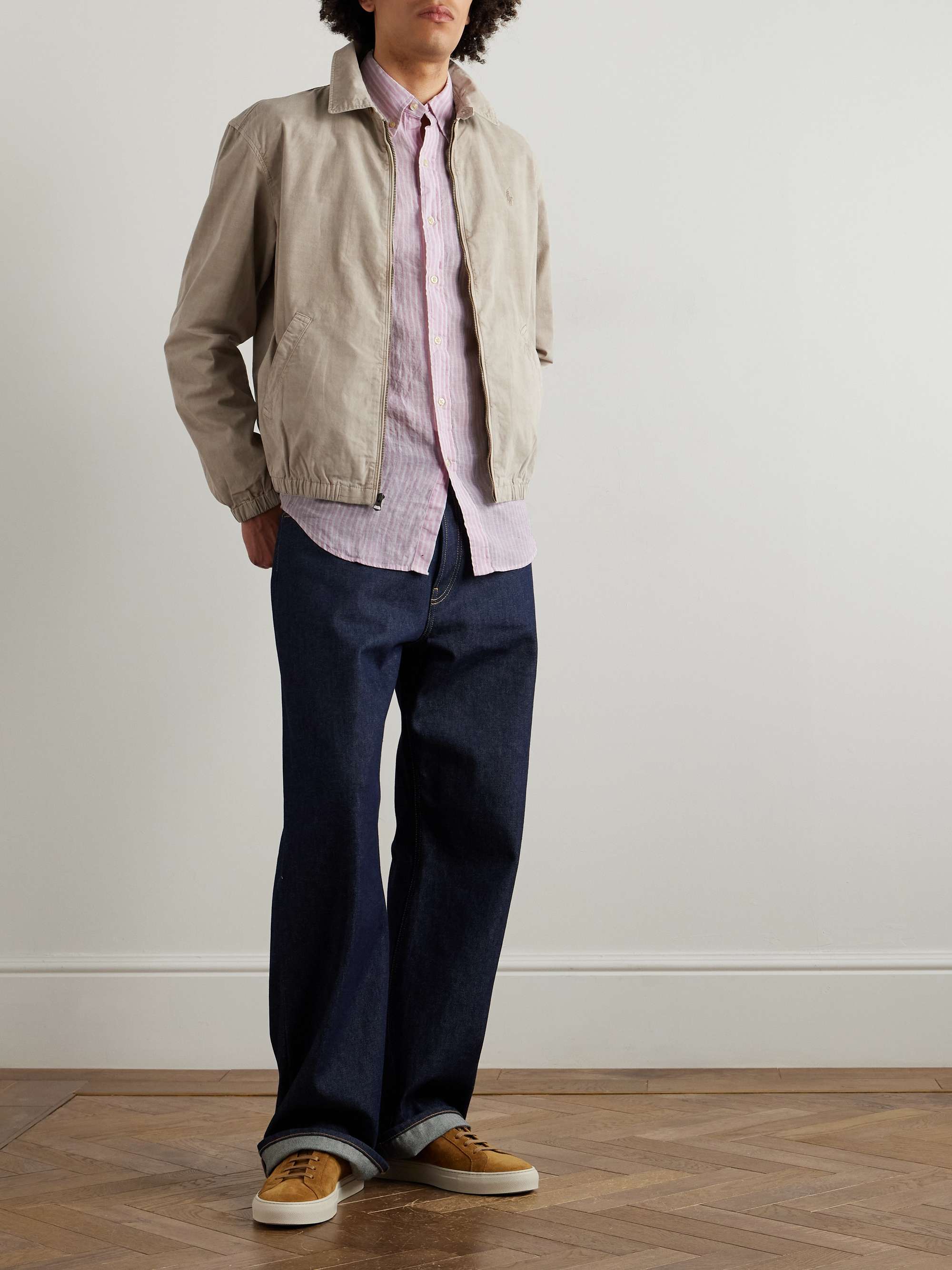Button-Down Collar Logo-Embroidered Striped Linen Shirt view
