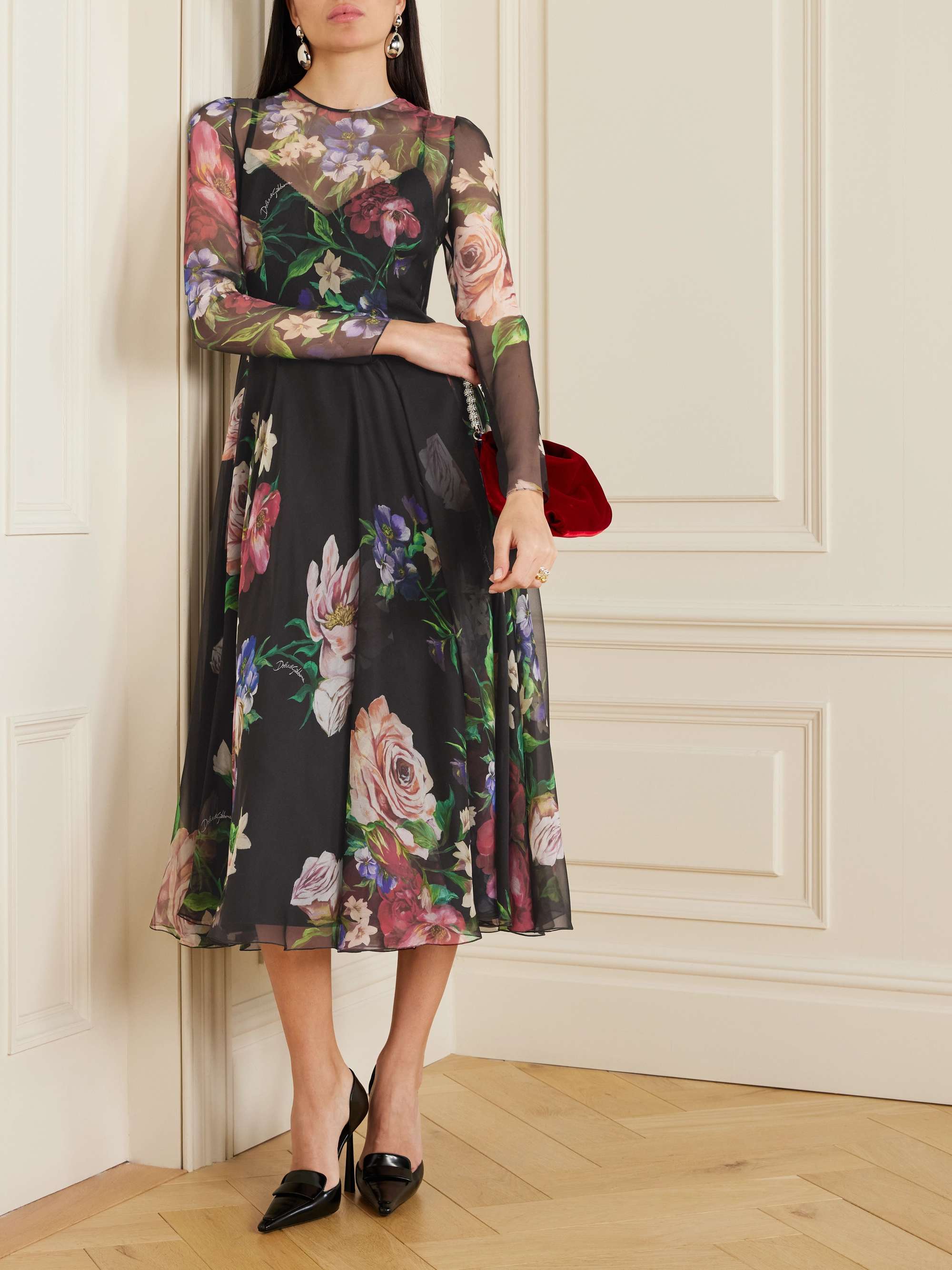 Pleated floral-print silk-chiffon midi dress view
