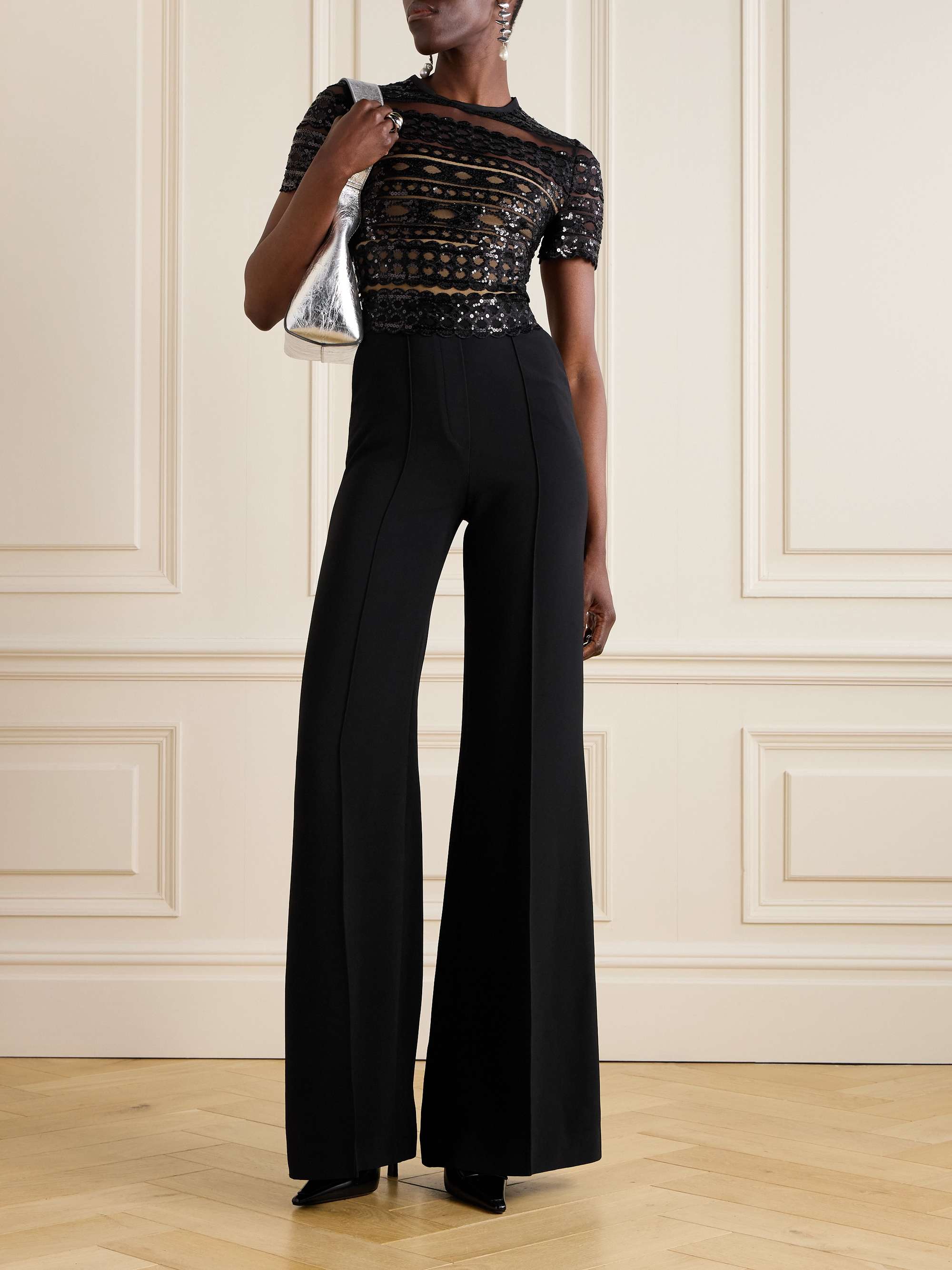 Sequin-embellished lace and cady jumpsuit view