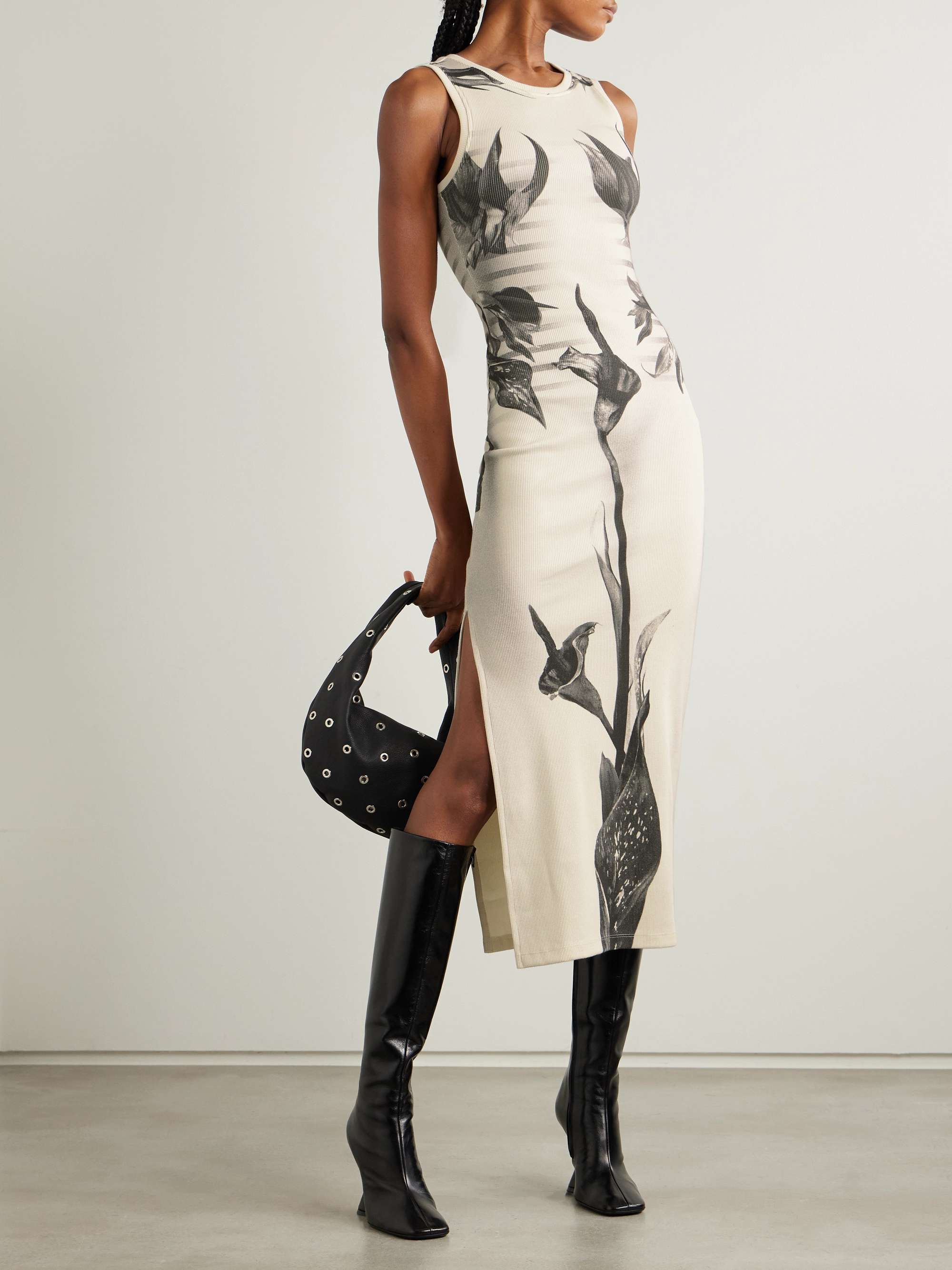 Printed ribbed stretch cotton-jersey midi dress view
