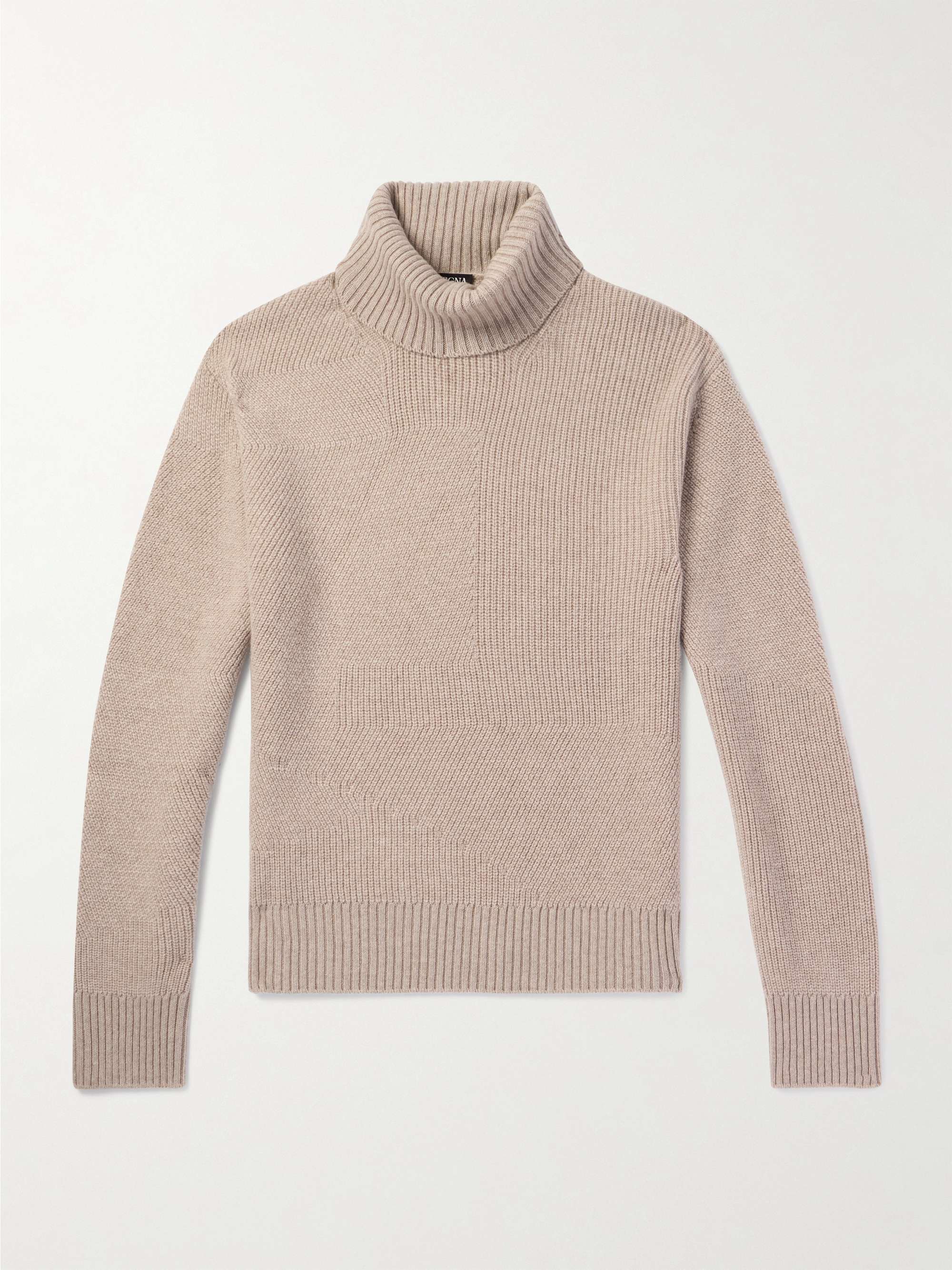 Logo-Appliquéd Leather-Trimmed Ribbed Cashmere Rollneck Sweater hero visual