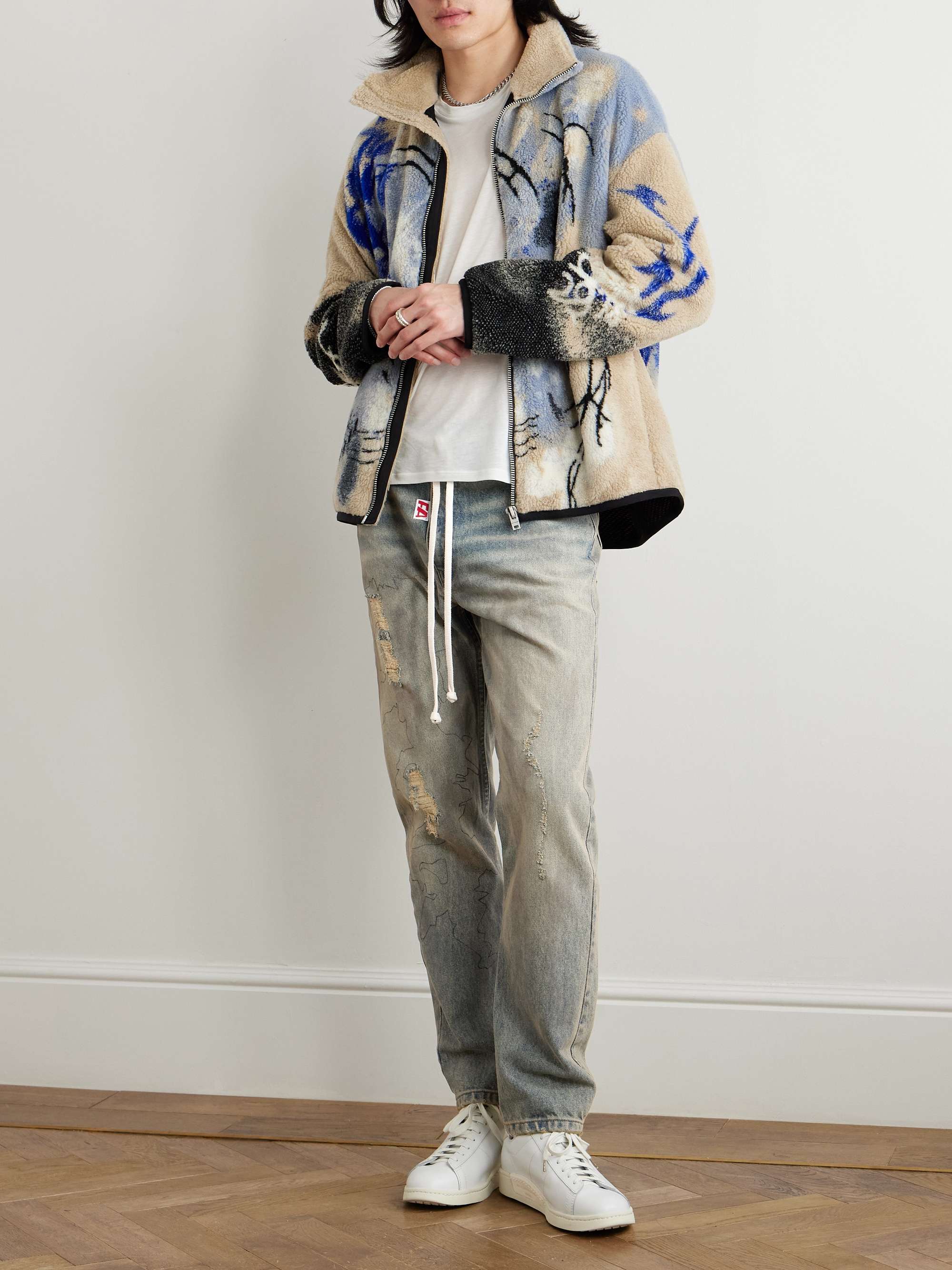 Fathers Way Slim-Fit Straight-Leg Belted Distressed Printed Jeans view