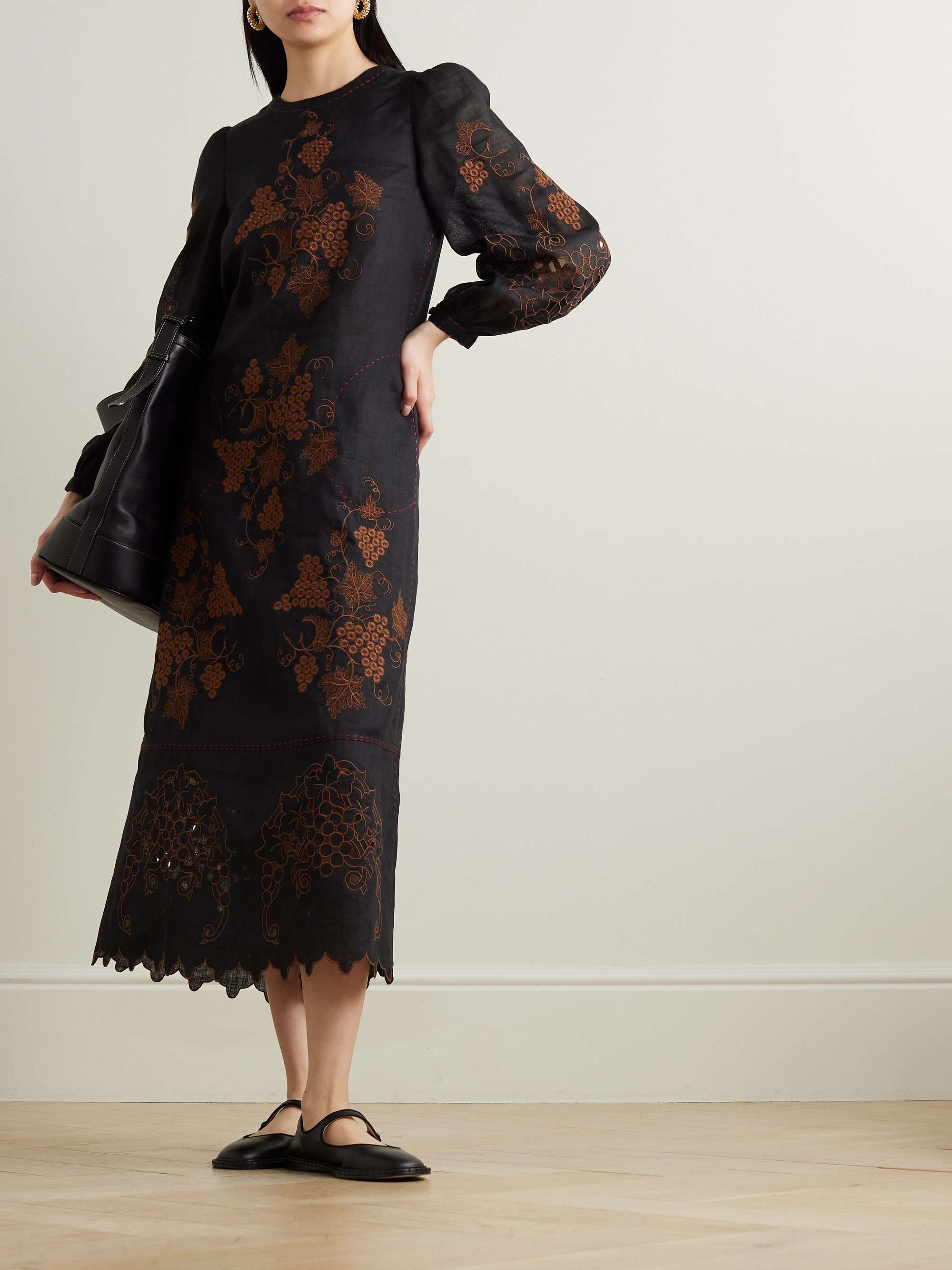 Ophelia scalloped embroidered linen midi dress view