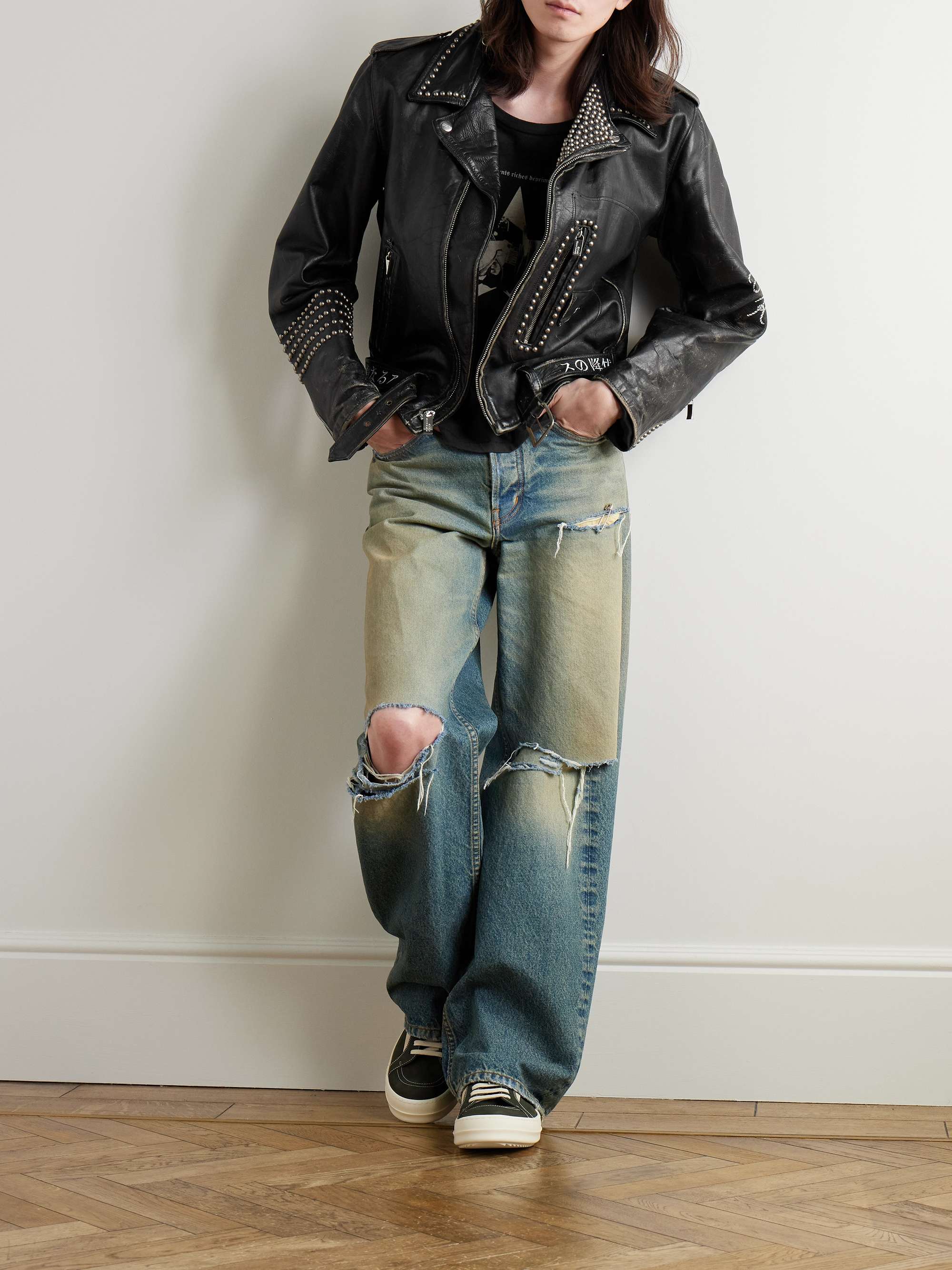 Studded Printed Distressed Leather Biker Jacket view