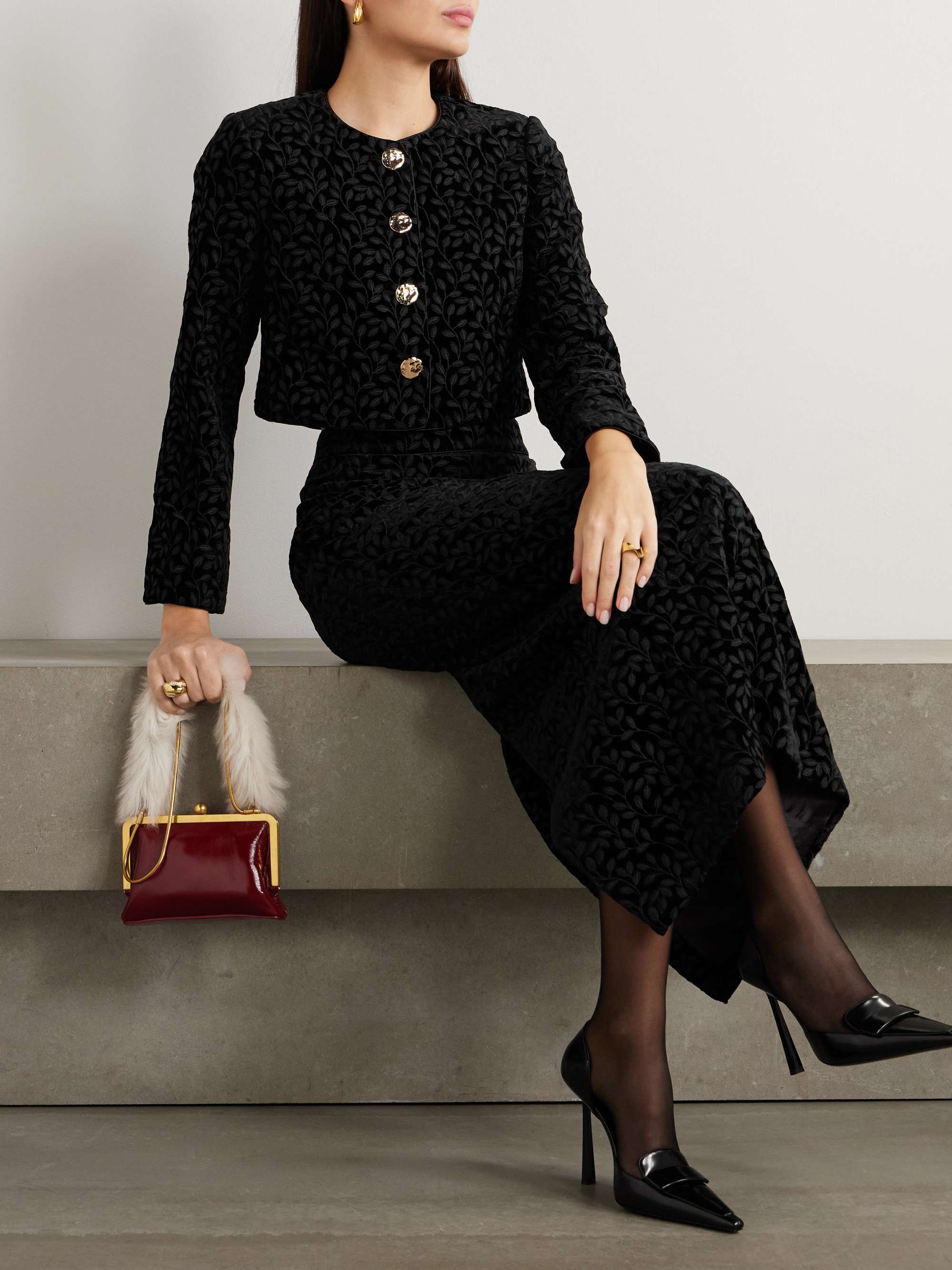 Vika cropped satin-trimmed velvet-jacquard jacket view