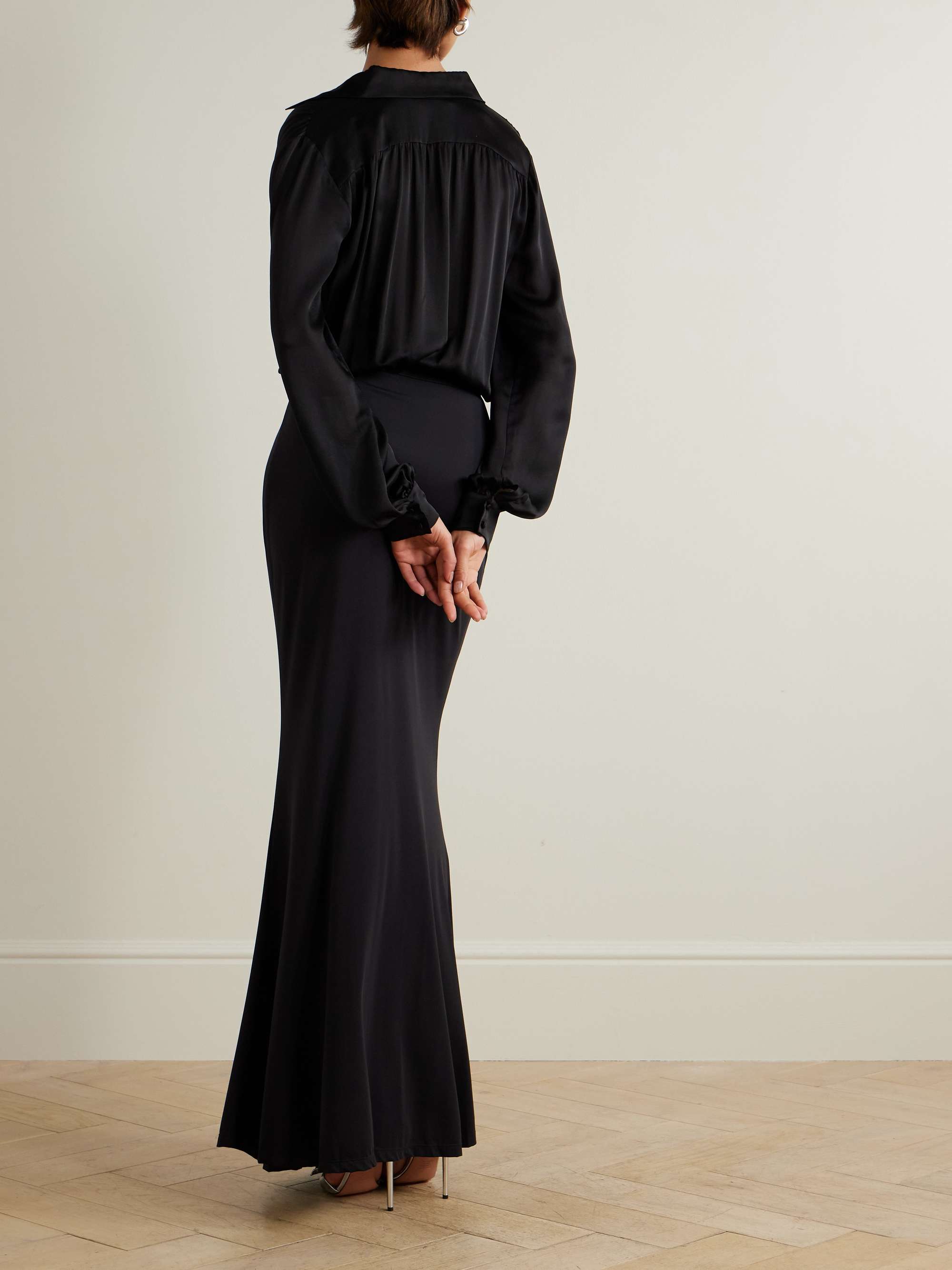 Wrap-effect draped silk-satin and stretch-jersey maxi shirt dress view