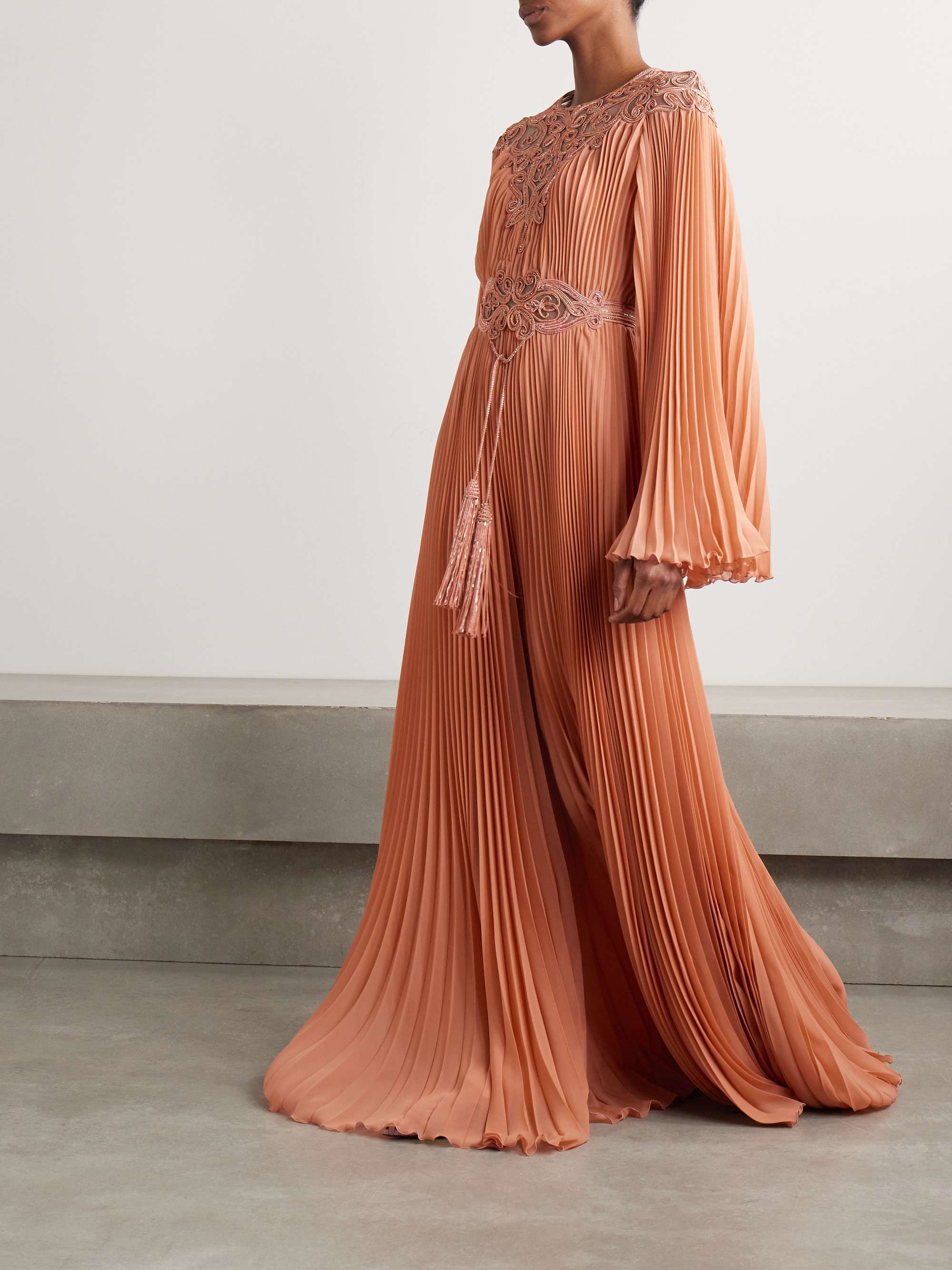 Embroidered embellished tulle-trimmed plissé-georgette gown view