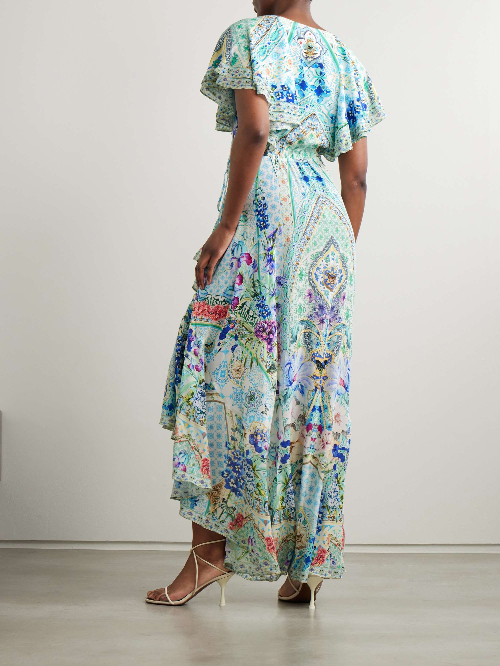 Asymmetric crystal-embellished ruffled silk maxi wrap dress view