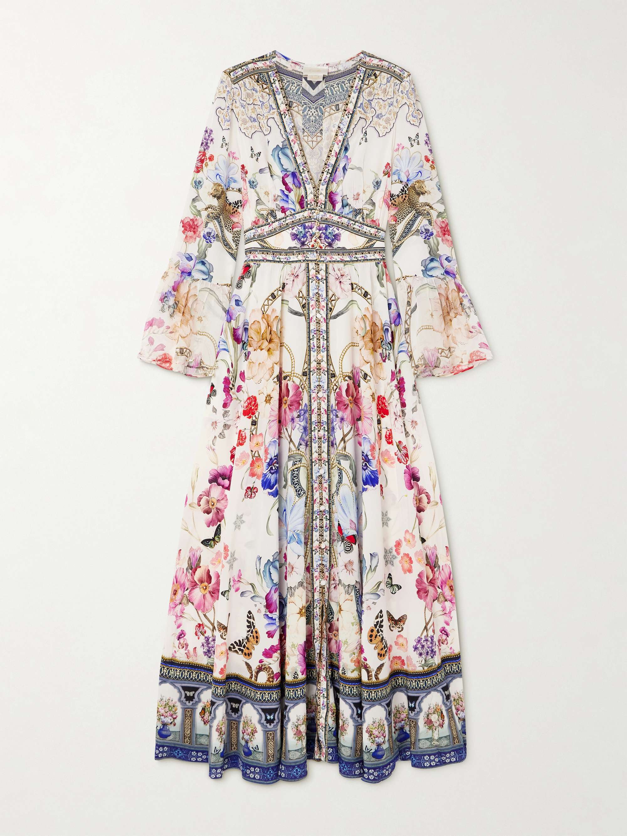 Crystal-embellished ruffled floral-print silk maxi dress hero visual