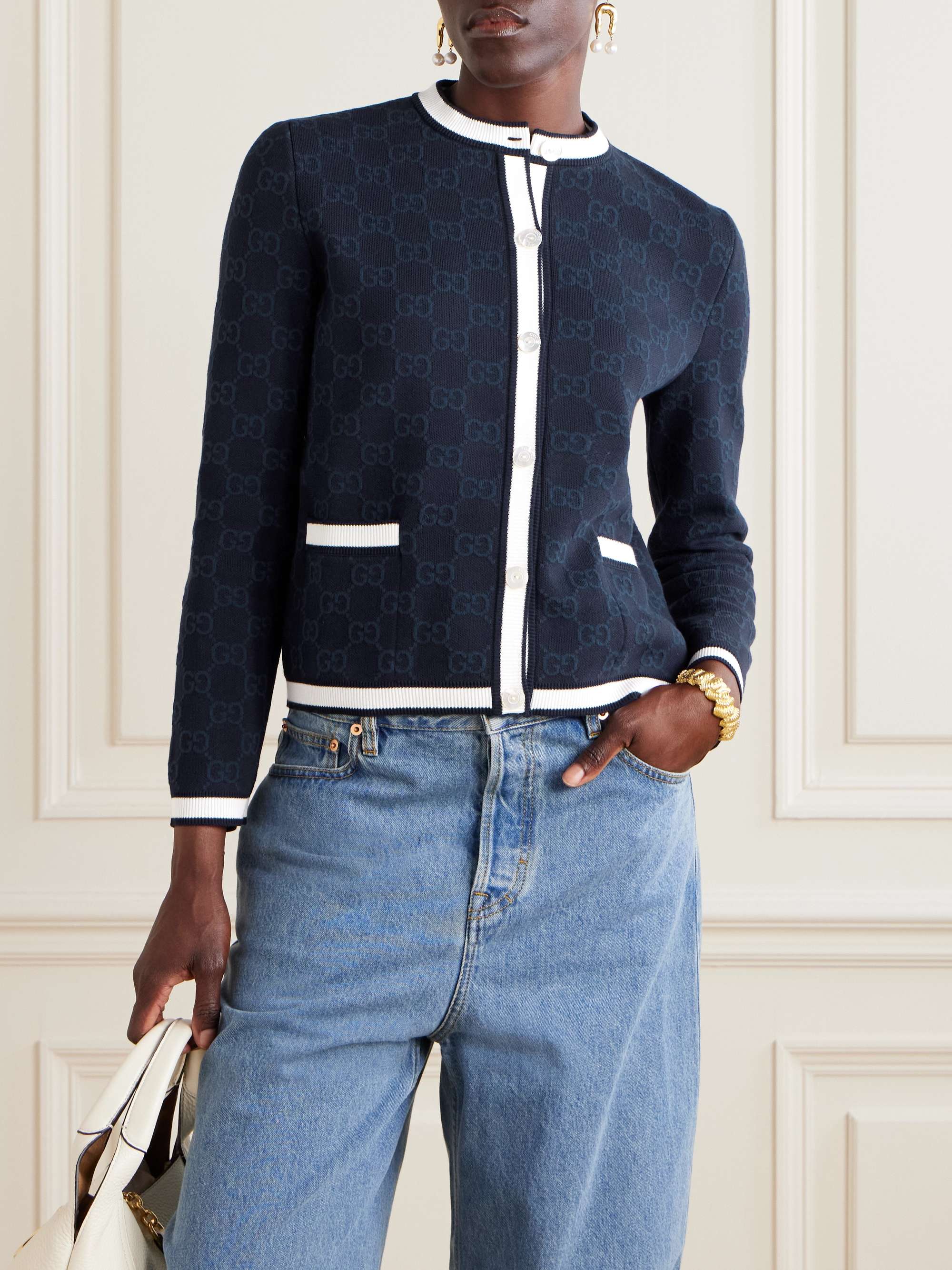 Striped jacquard-knit cotton cardigan view