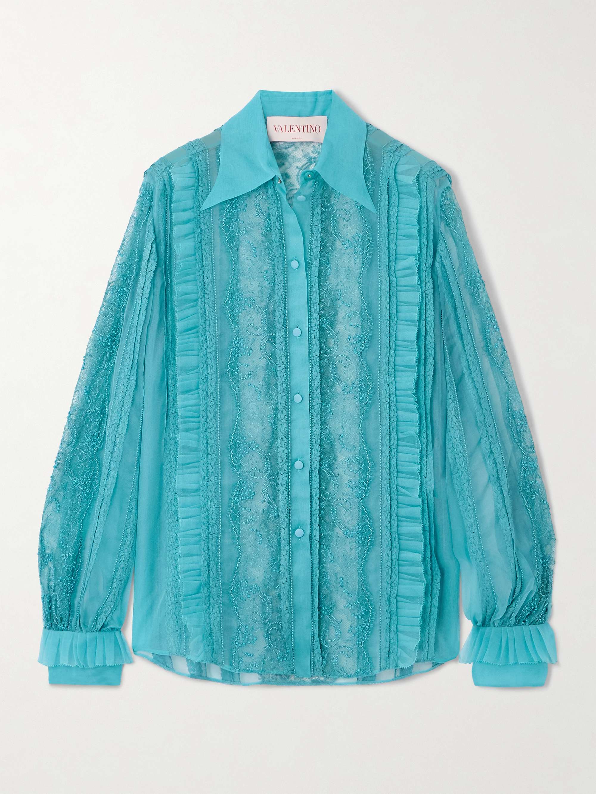 Pleated ruffled bead-embellished lace-trimmed silk-organza shirt hero visual