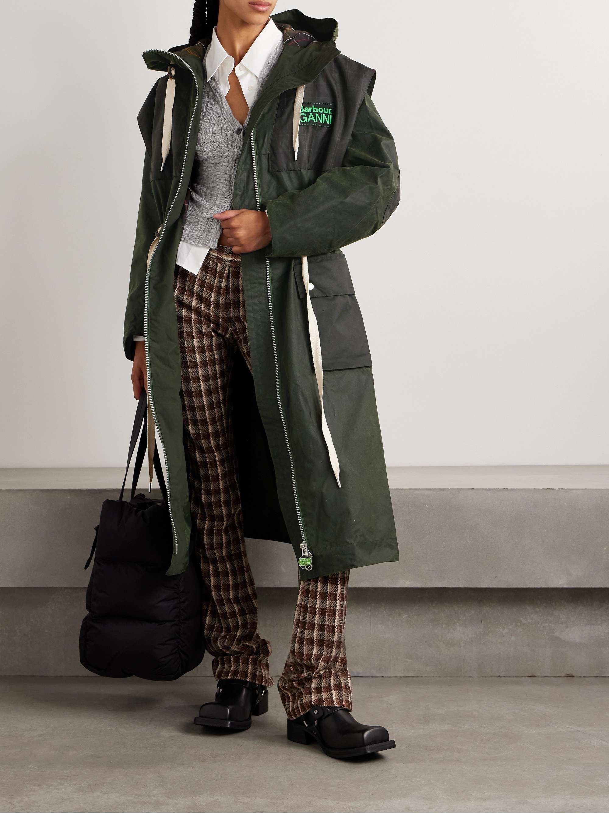 + GANNI hooded checked waxed-organic cotton jacket view