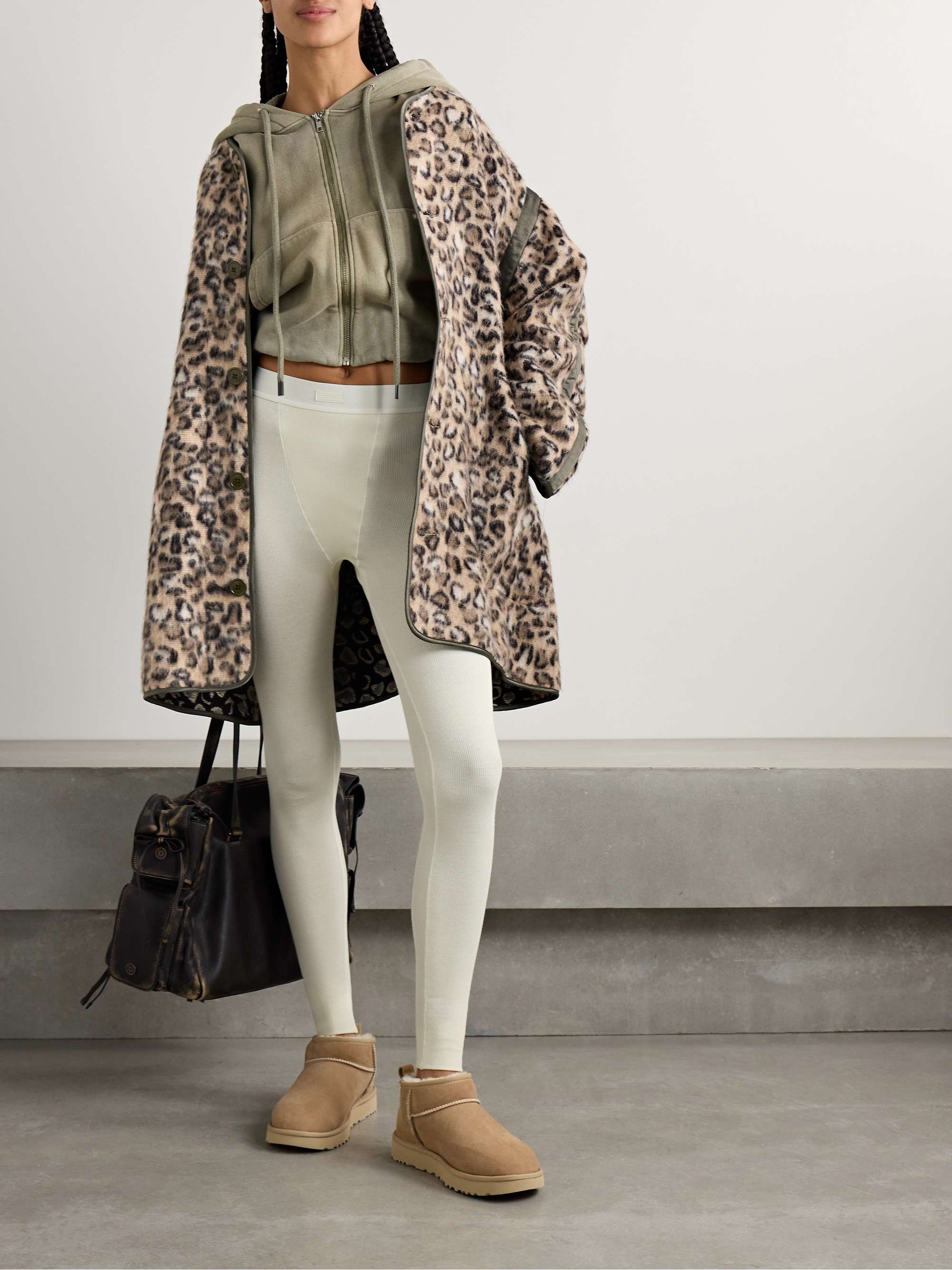 Convertible faux leather-trimmed leopard-print brushed wool-blend coat view
