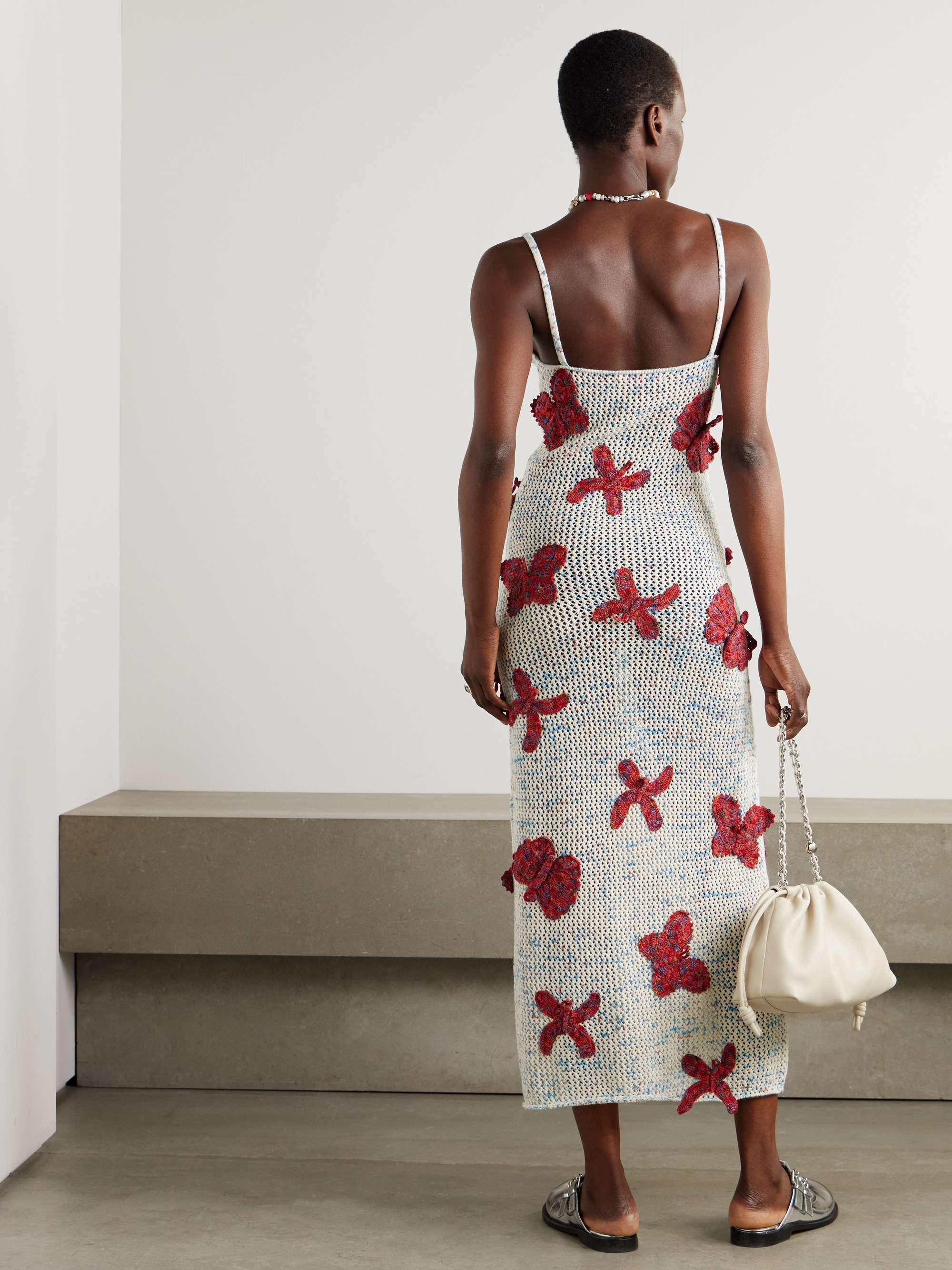 Butterfly appliquéd open-knit cotton midi dress view