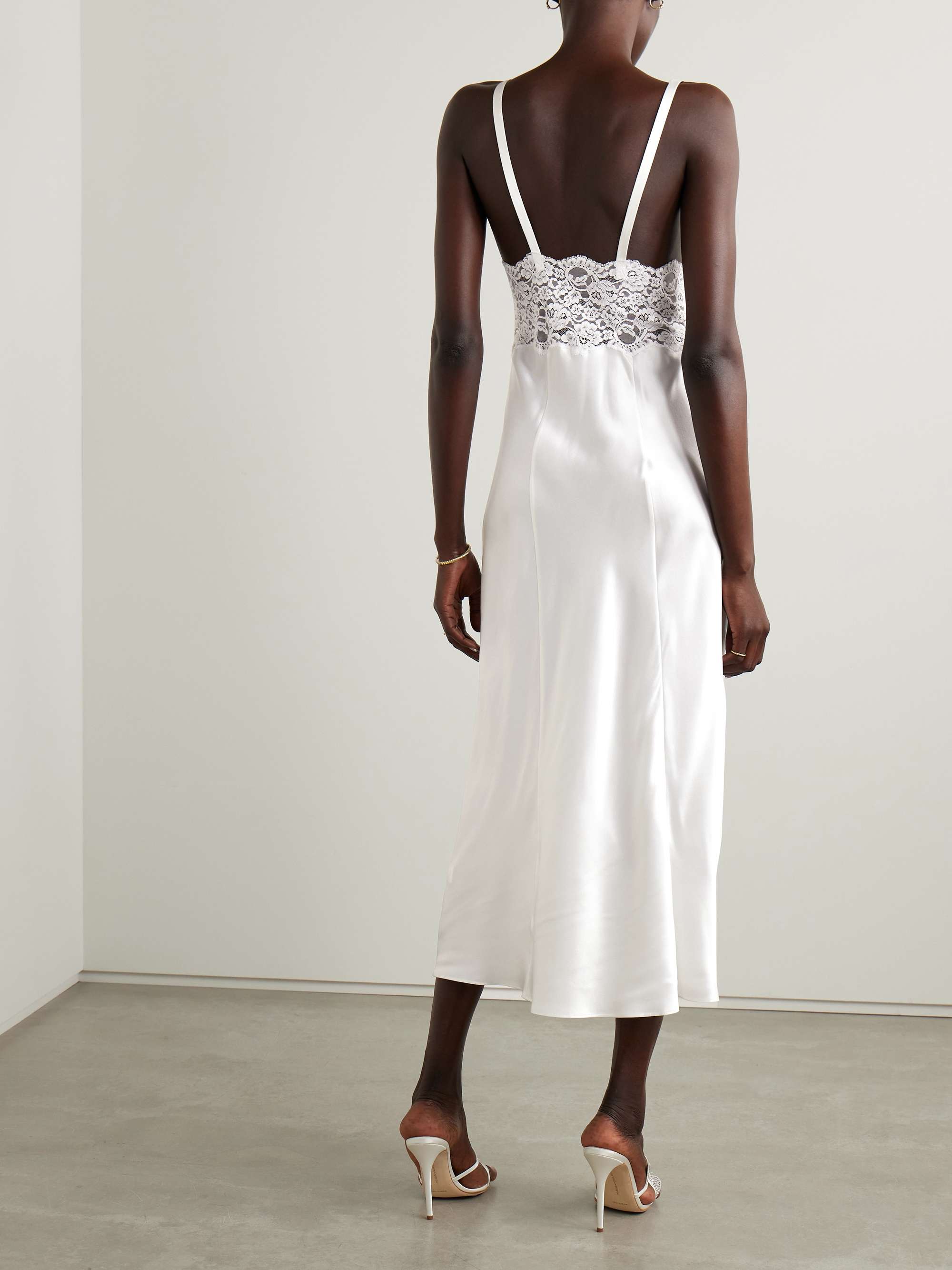 Embellished lace-trimmed silk-satin midi dress view