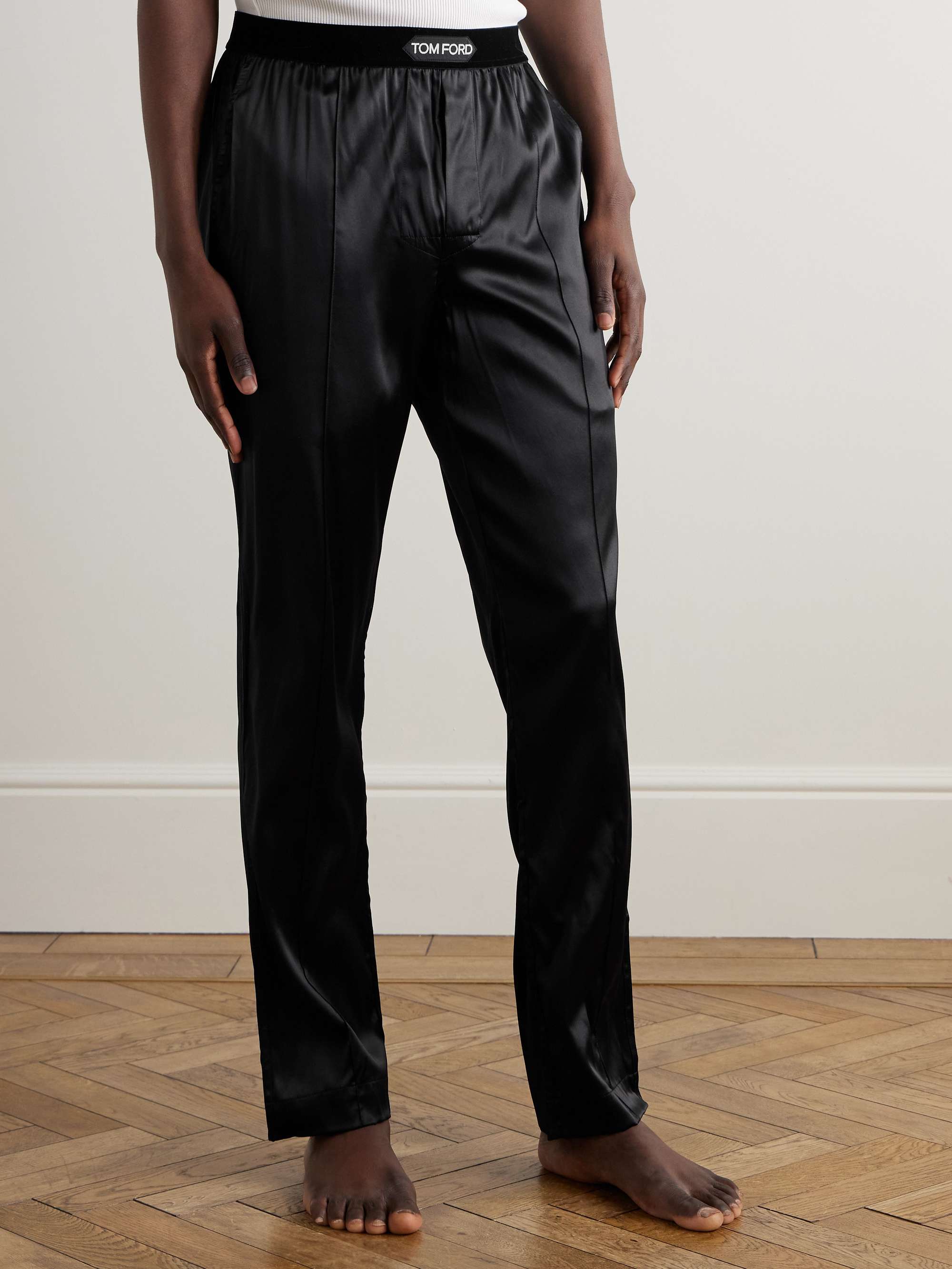 Velvet-Trimmed Stretch-Silk Satin Pyjama Trousers view