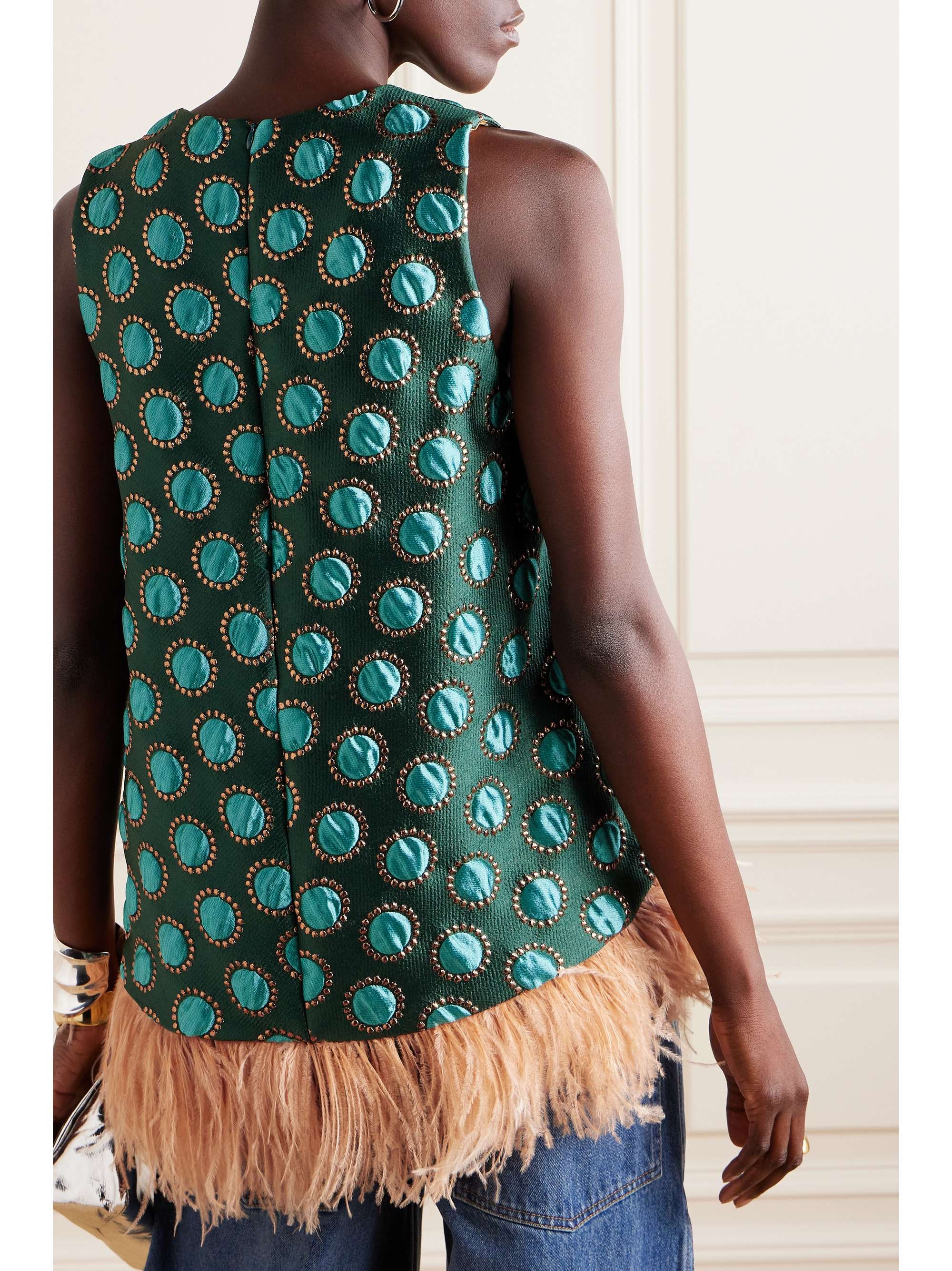La Scala asymmetric feather-trimmed metallic jacquard top view