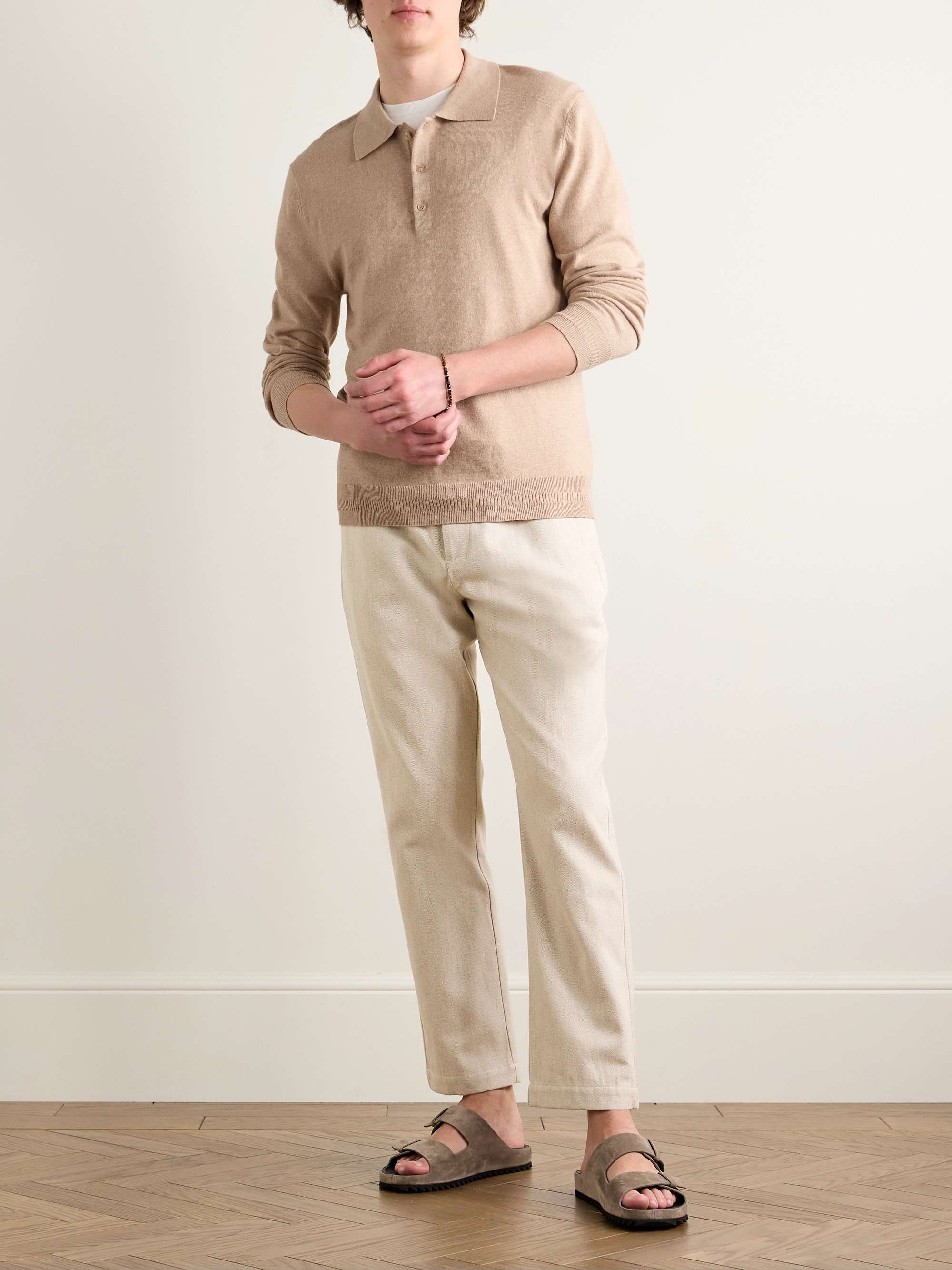 Oscar Straight-Leg Herringbone Cotton and Cashmere-Blend Drawstring Trousers view