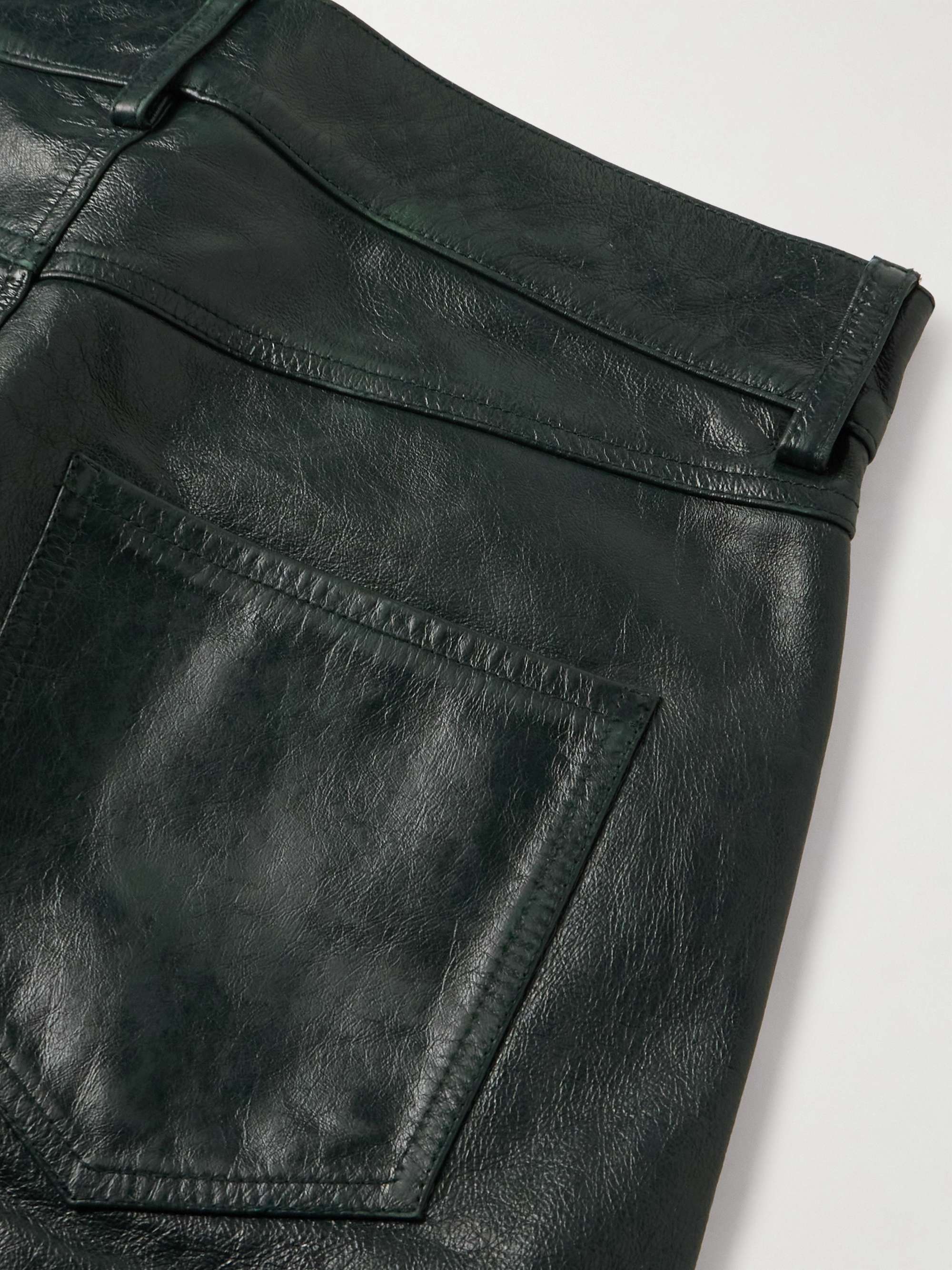 Long Night Slim-Fit Bootcut Distressed Textured-Leather and Ribbed-Knit Trousers view