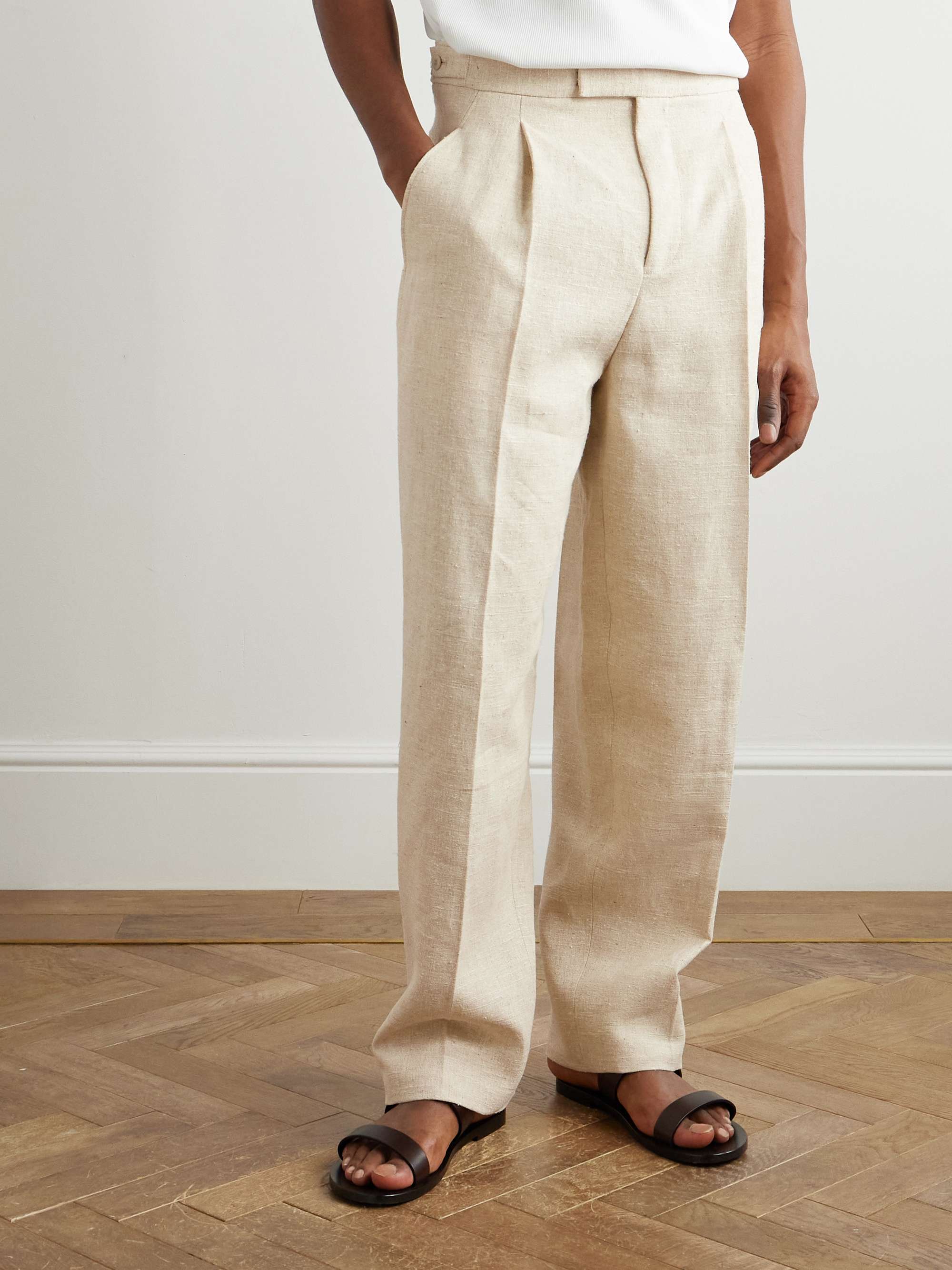 Straight-Leg Pleated Linen, Silk and Hemp-Blend Trousers view