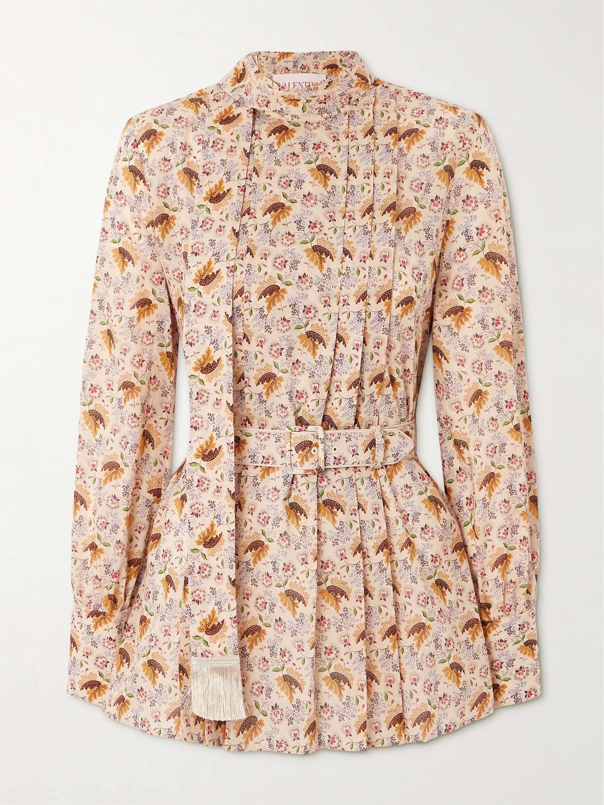 Tie-neck belted pleated floral-print cotton-muslin blouse hero visual