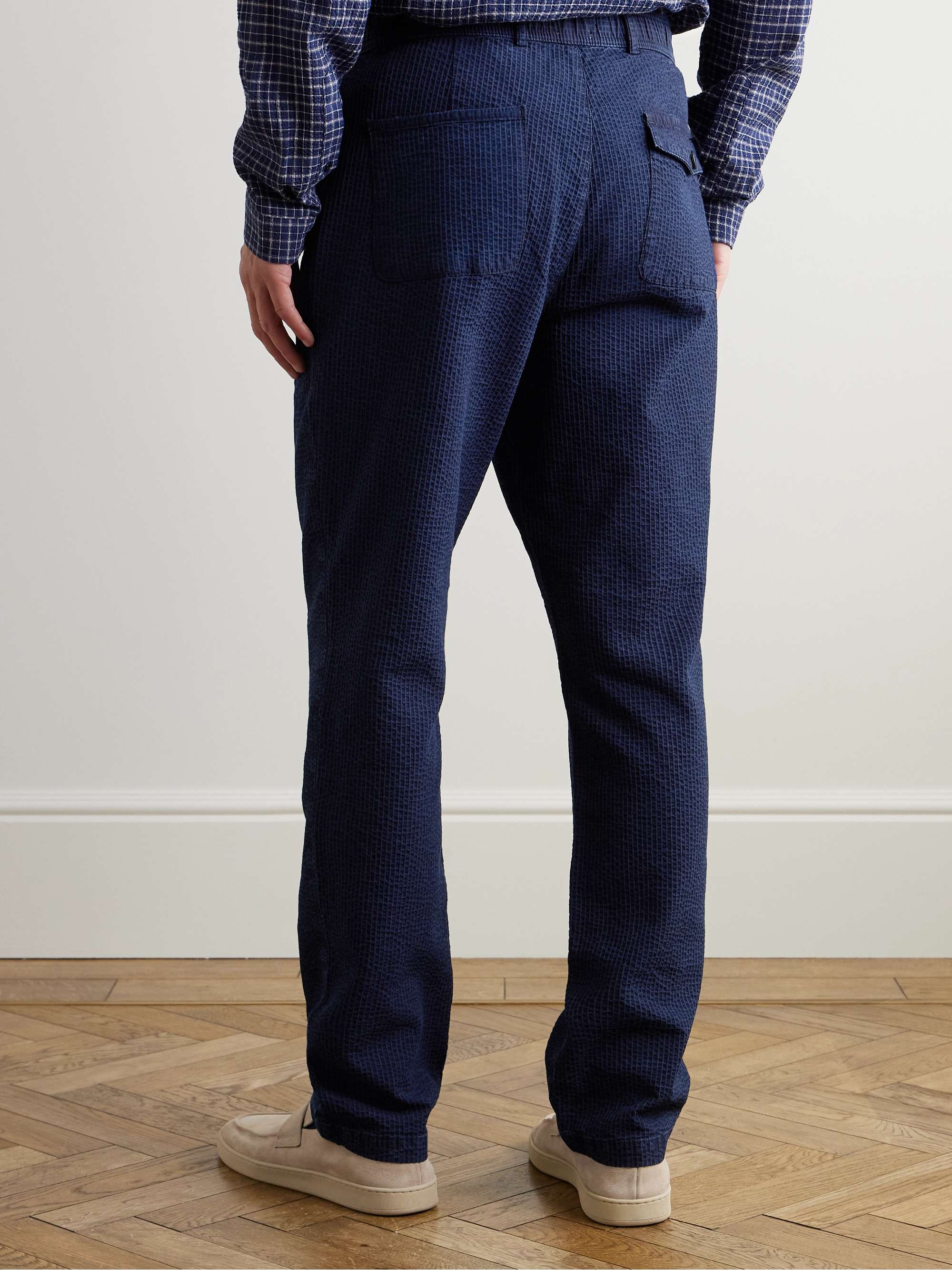 Straight-leg Indigo-Dyed Cotton-Seersucker Suit Trousers view