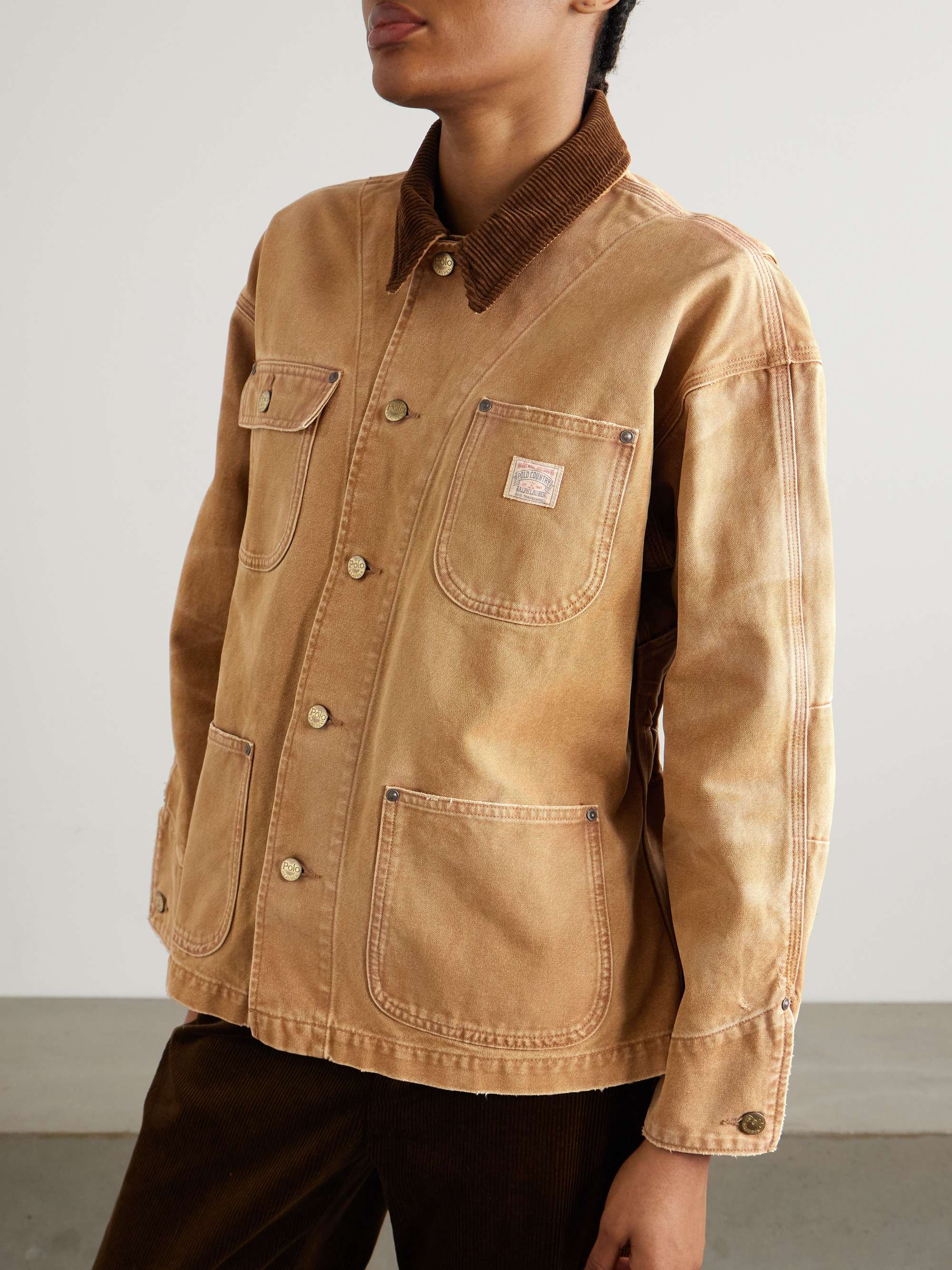 Appliquéd corduroy-trimmed cotton-canvas jacket view