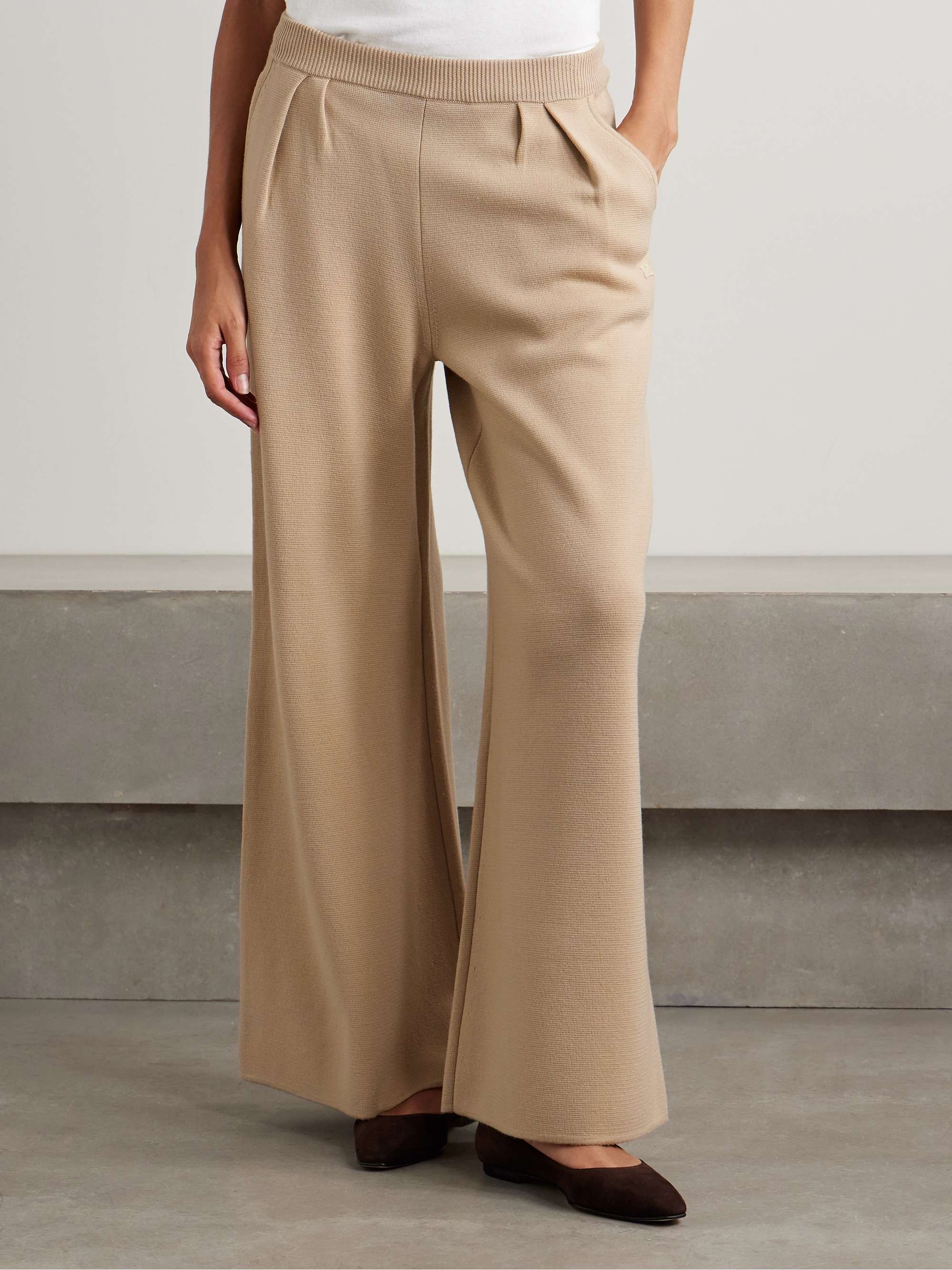 Embroidered pleated wool wide-leg pants view