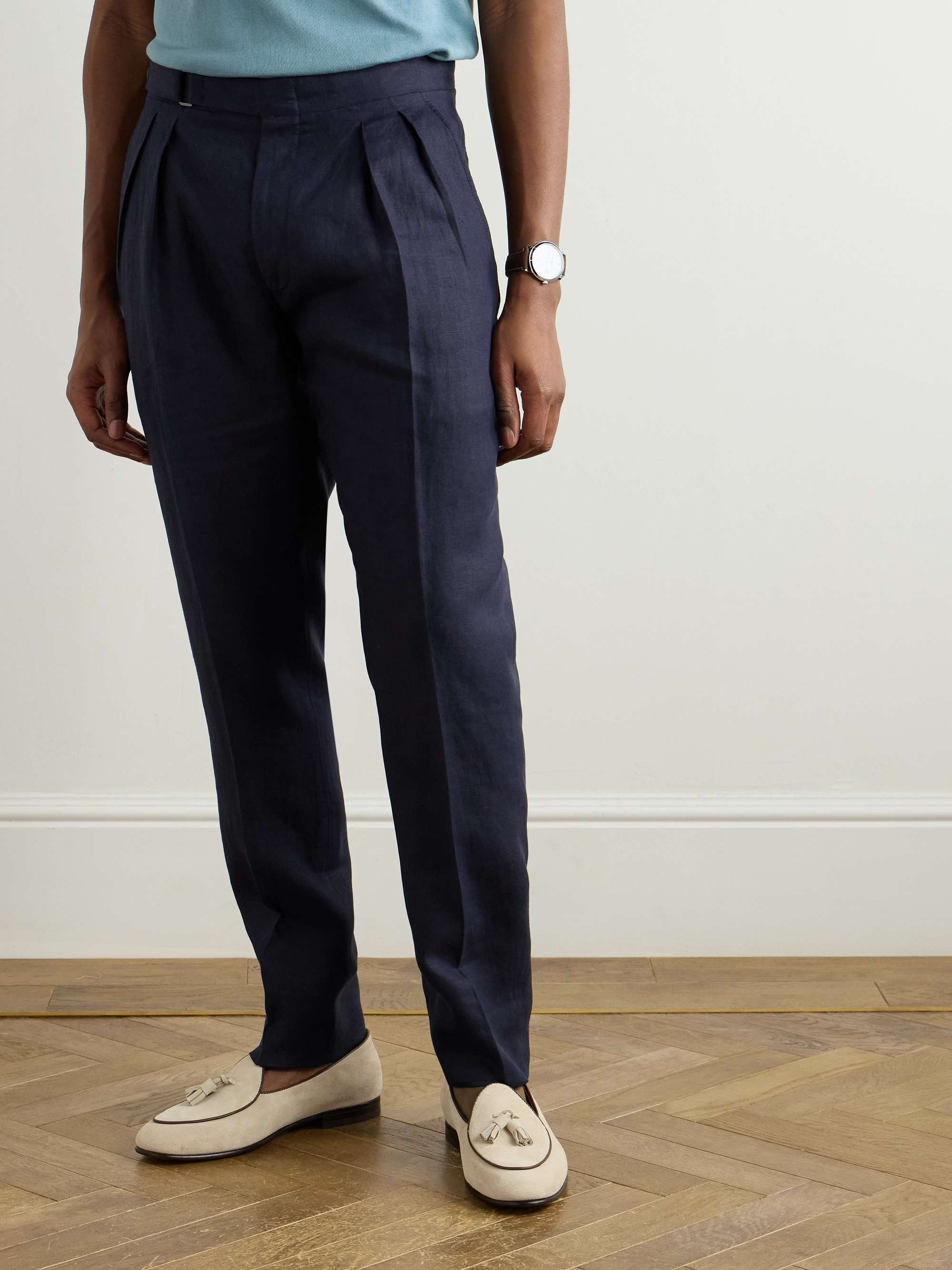Slim-Fit Straight-Leg Pleated Garment-Dyed Linen Trousers view