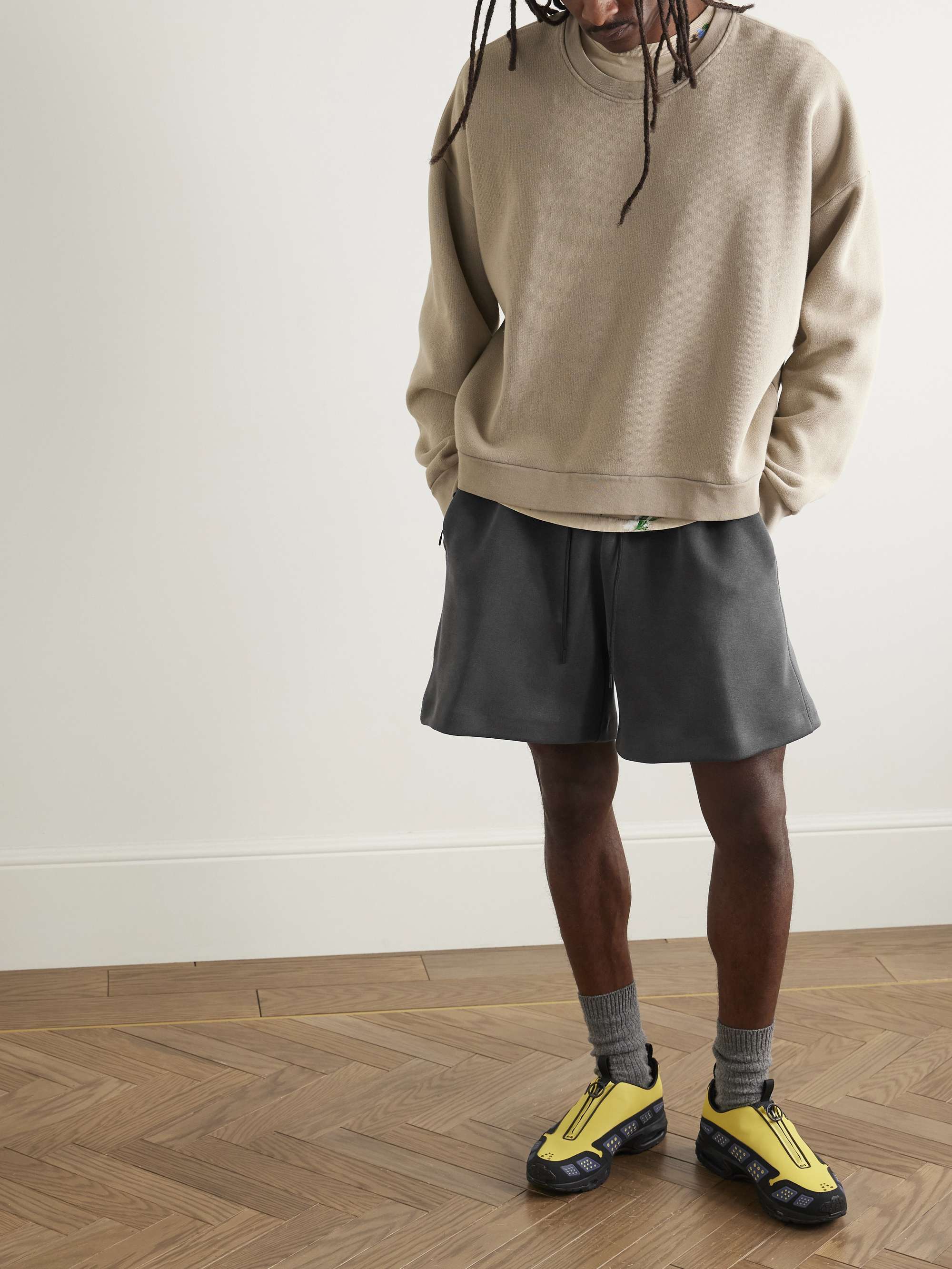 Wide-Leg Garment-Dyed Tech-Fleece Drawstring Shorts view