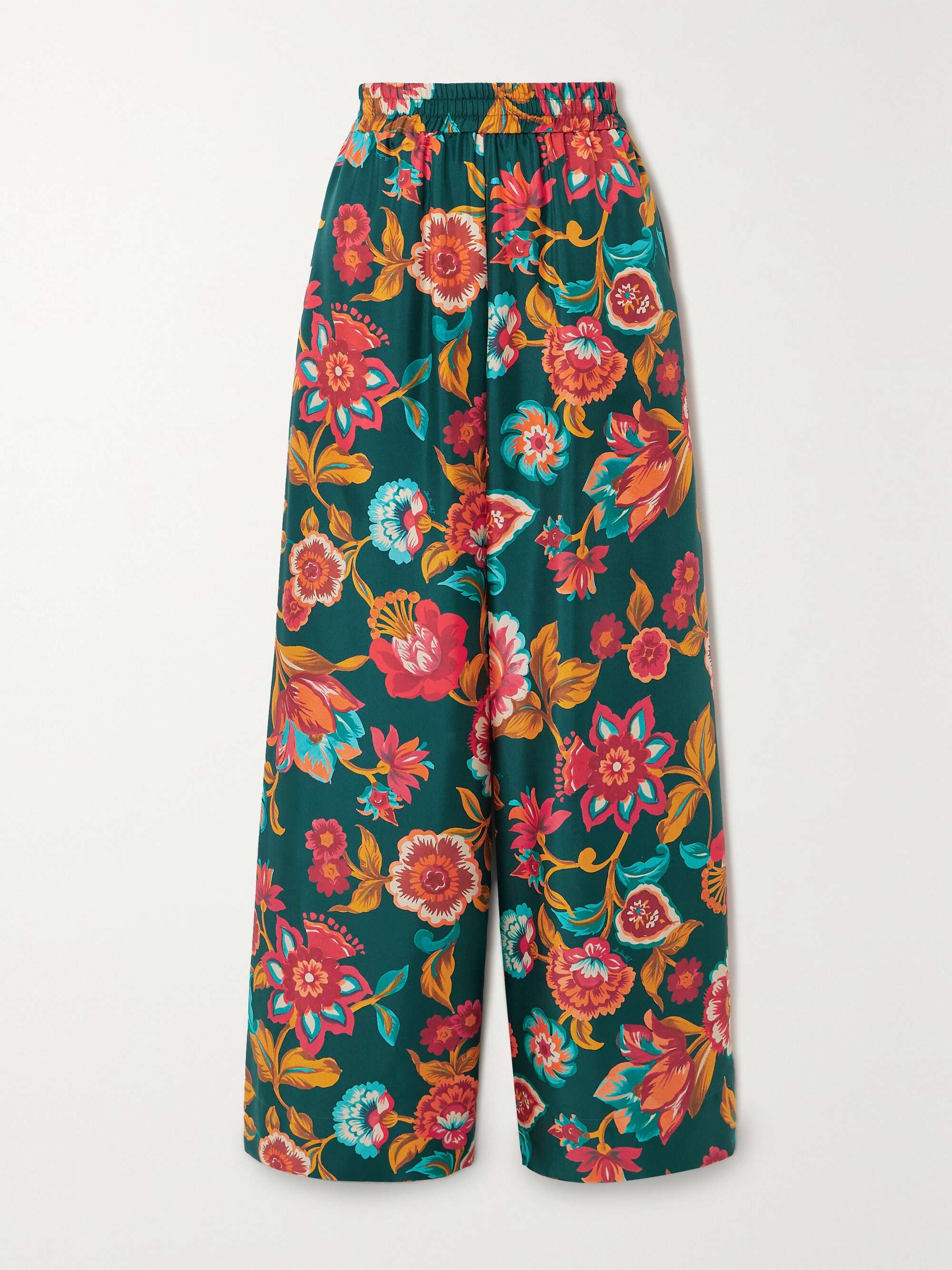 Floral-print silk-twill wide-leg pants hero visual