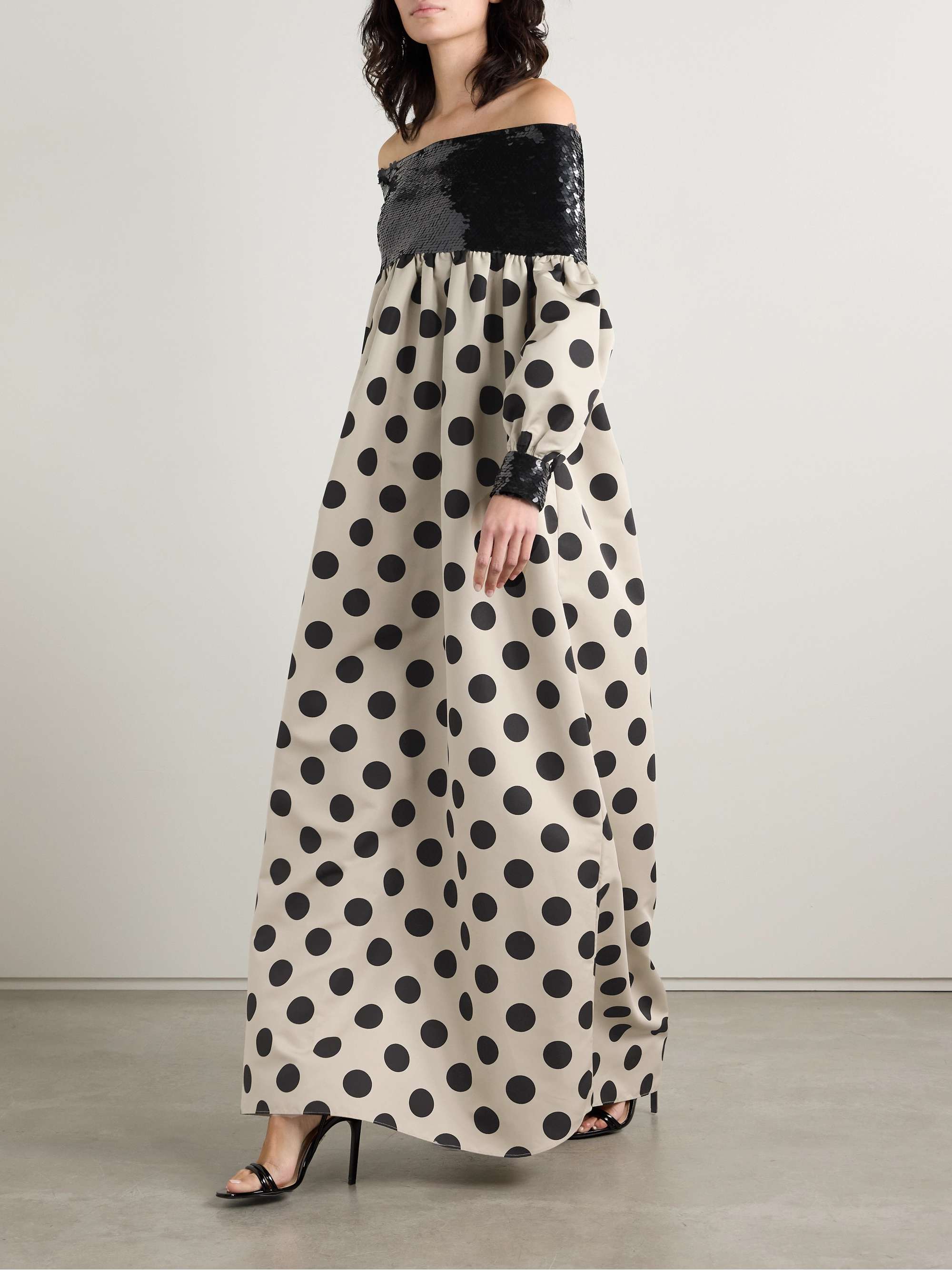 Off-the-shoulder tulle-paneled sequined polka-dot satin maxi dress view