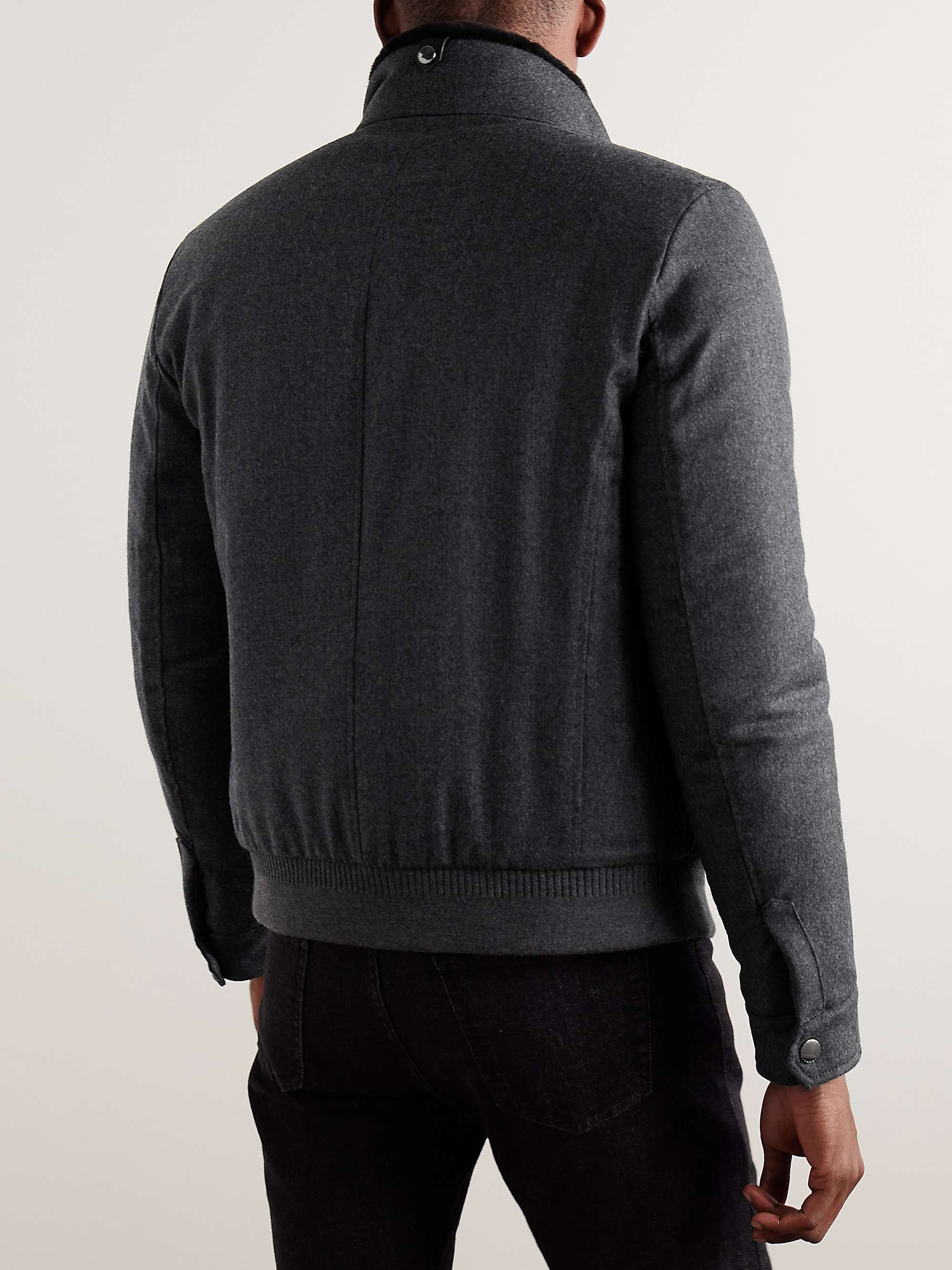 Shearling-Trimmed Padded Wool-Flannel Bomber Jacket view