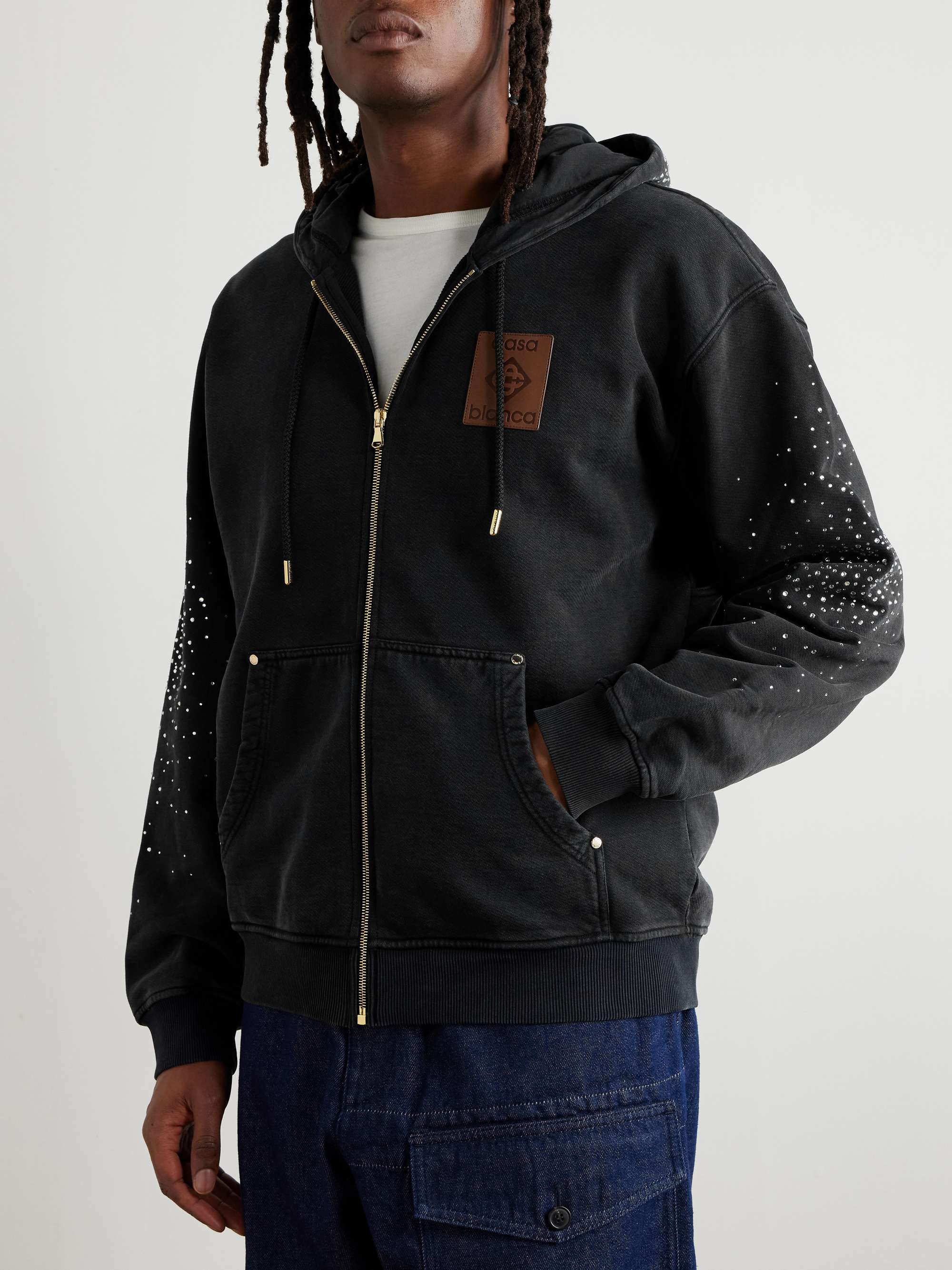La Prémonition Logo-Appliquéd Crystal-Embellished Printed Organic Cotton-Jersey Zip-Up Hoodie view