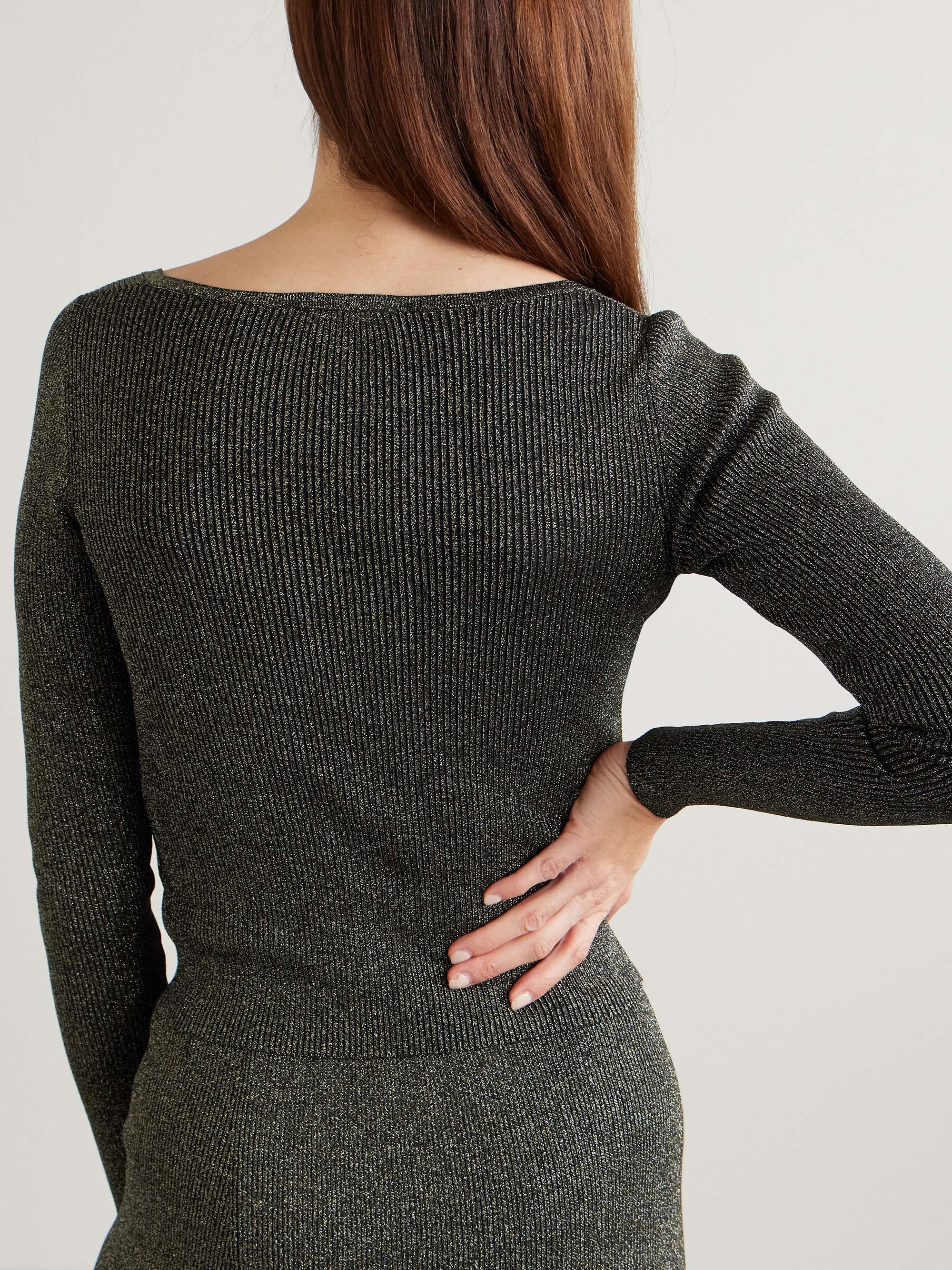 Tie-detailed metallic ribbed-knit cardigan view