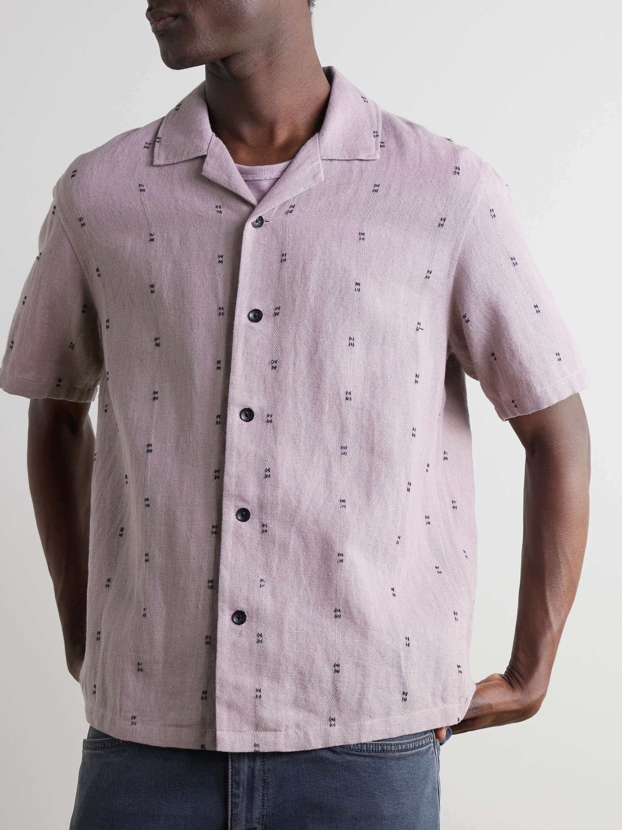 Avery Camp-Collar Embroidered Linen Shirt view