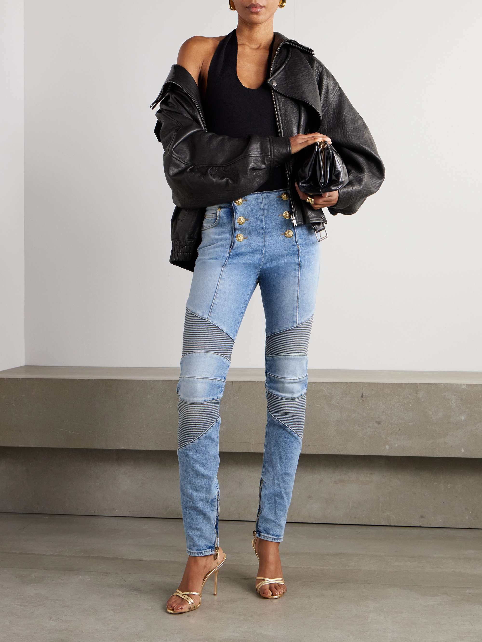Embellished paneled high-rise skinny jeans view