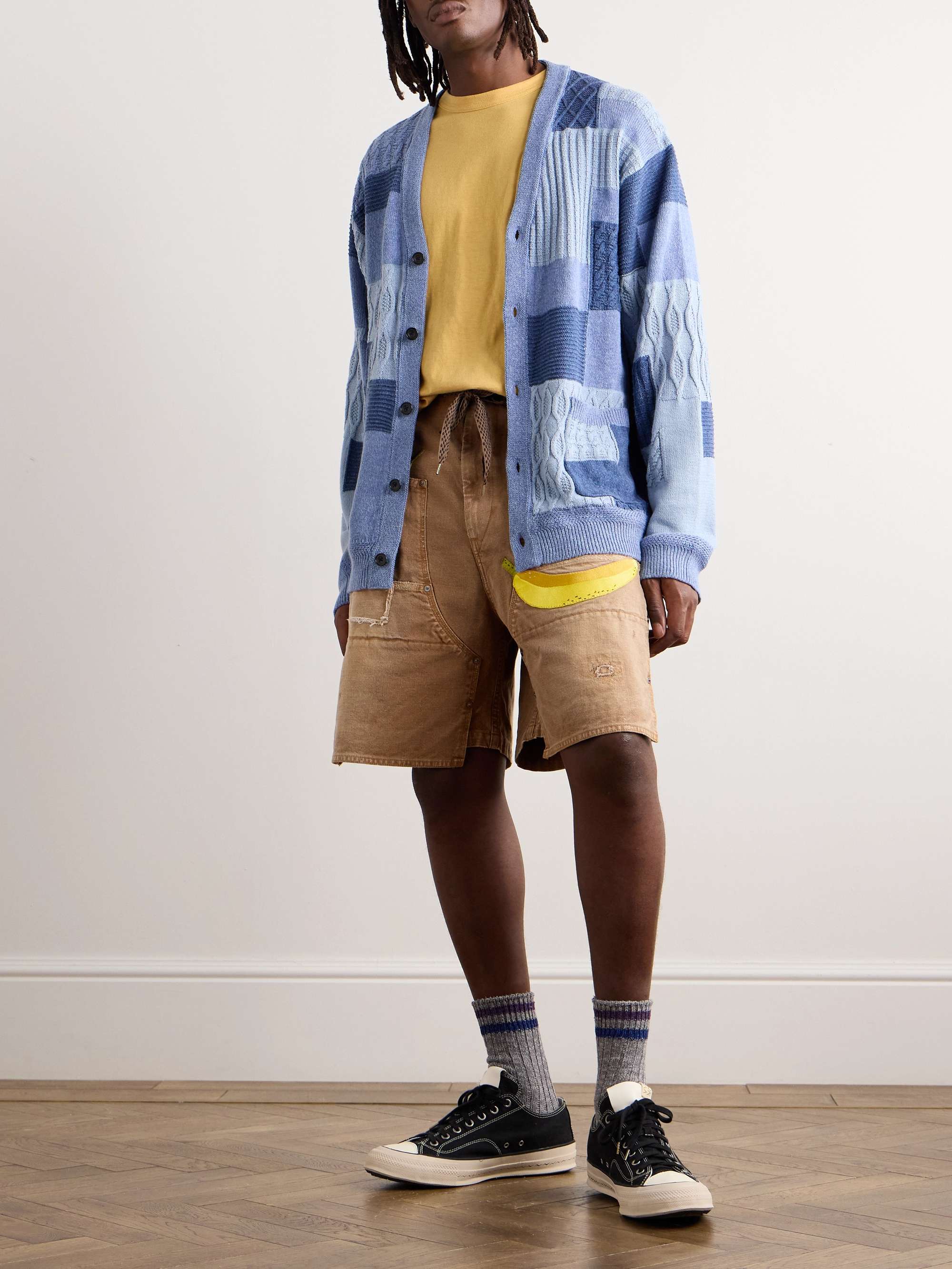 Wide-Leg Appliquéd Distressed Panelled Denim Shorts view