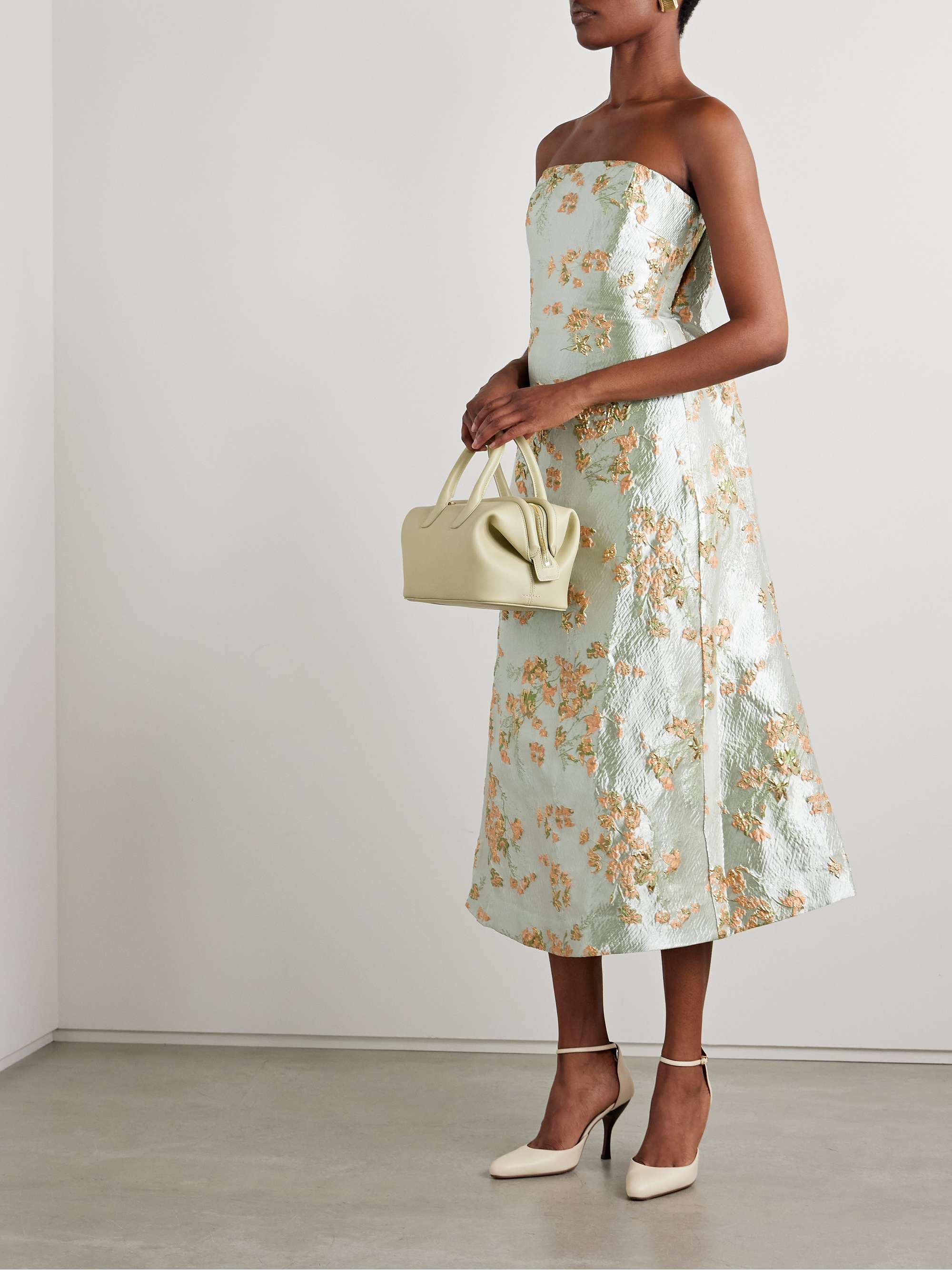 Kennedy strapless gathered metallic brocade midi dress view