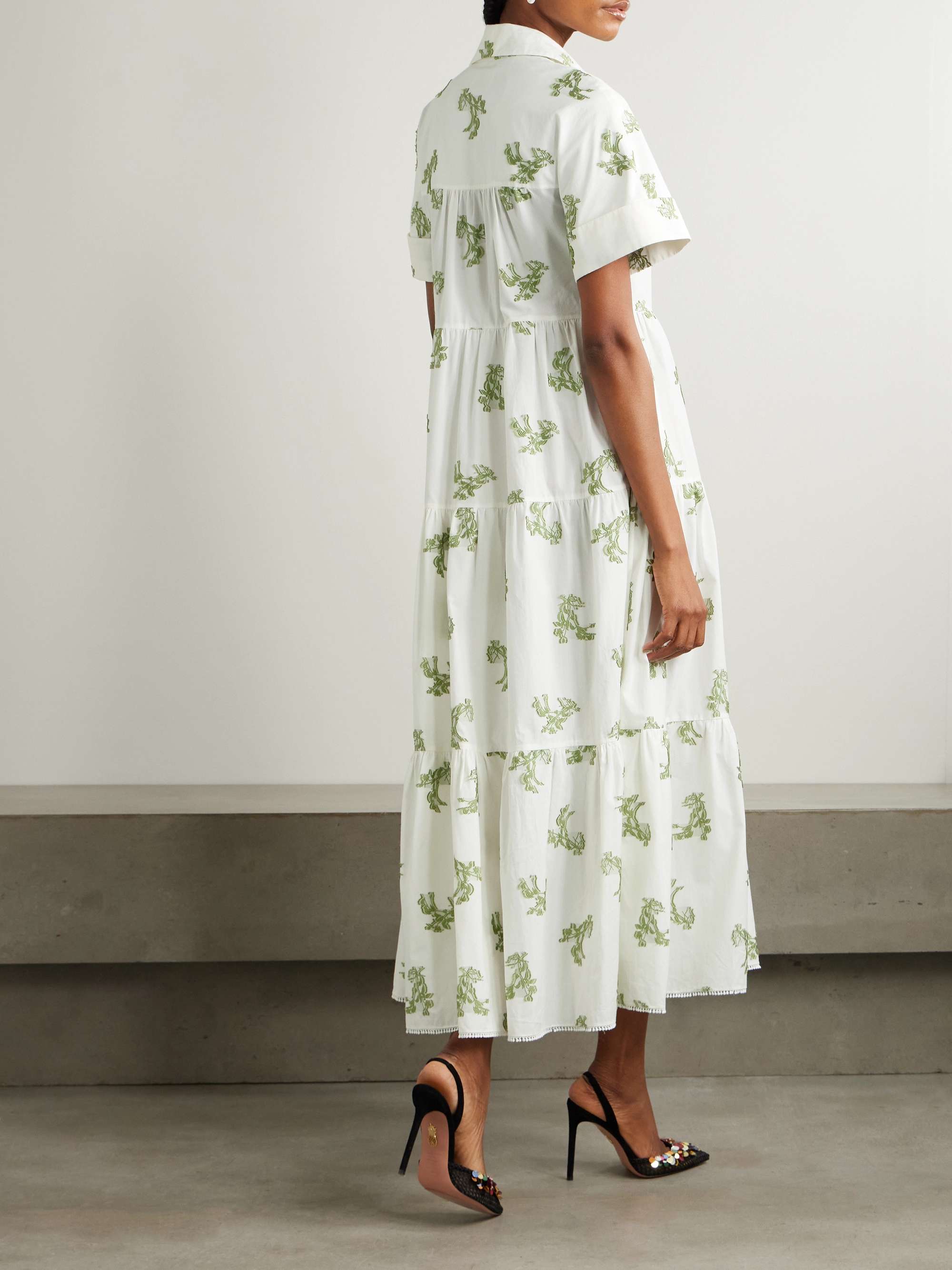 Embroidered gathered cotton fil coupé midi dress view