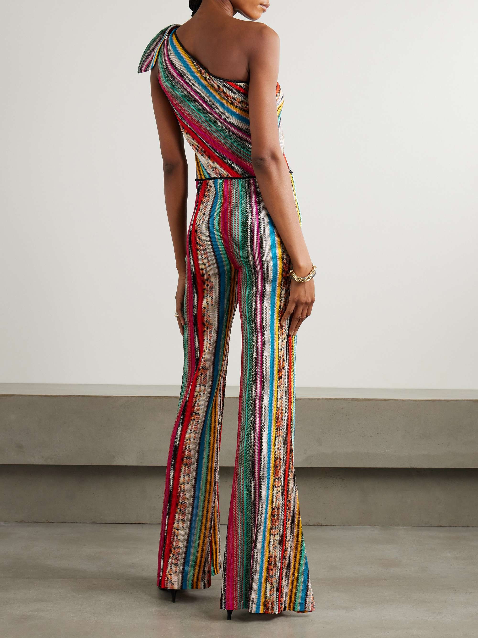 One-shoulder metallic crochet-knit jumpsuit view