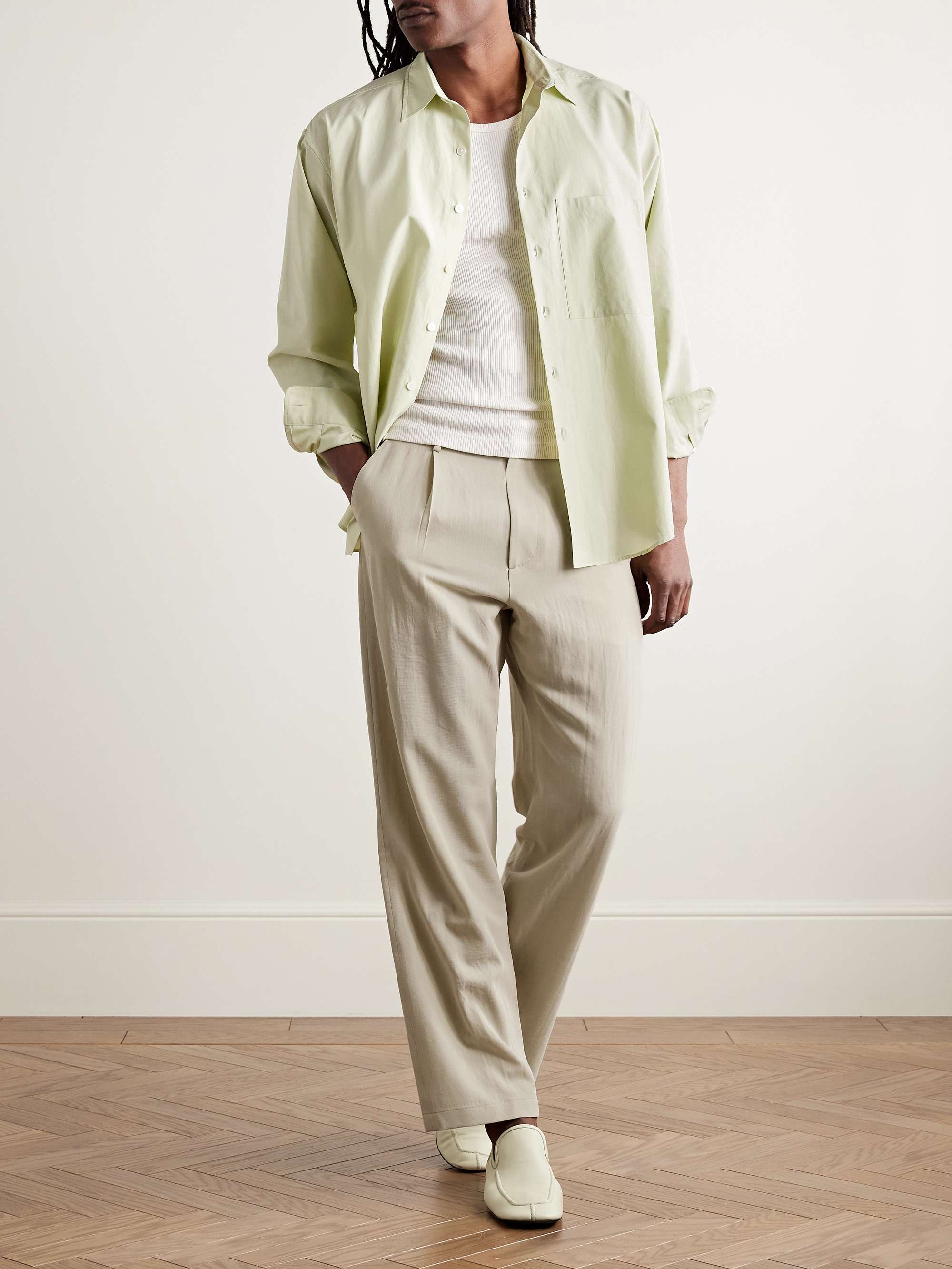 Straight-Leg Pleated Cotton and Wool-Blend Gabardine Trousers view