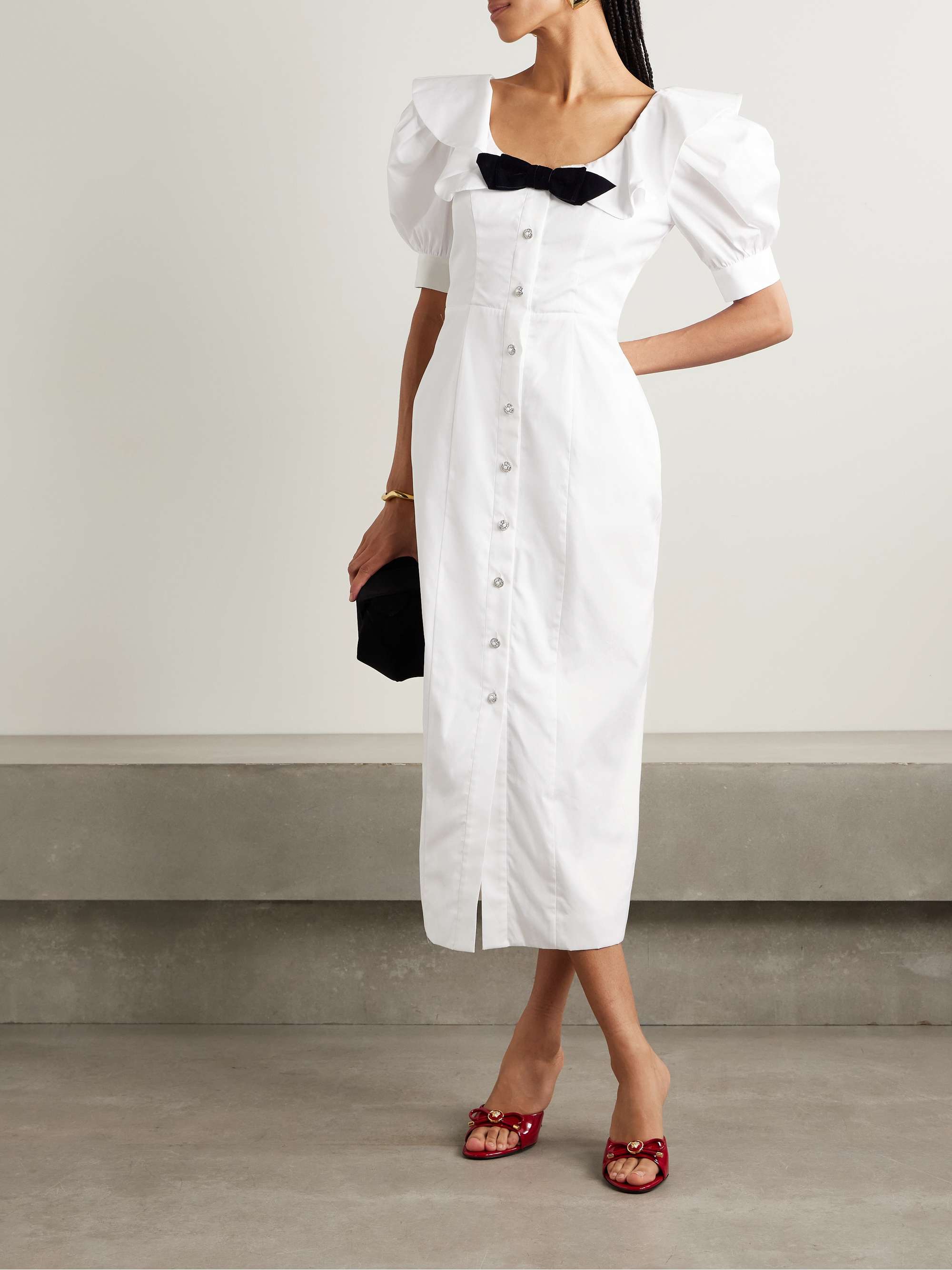 Velvet-trimmed ruffled cotton-poplin midi dress view