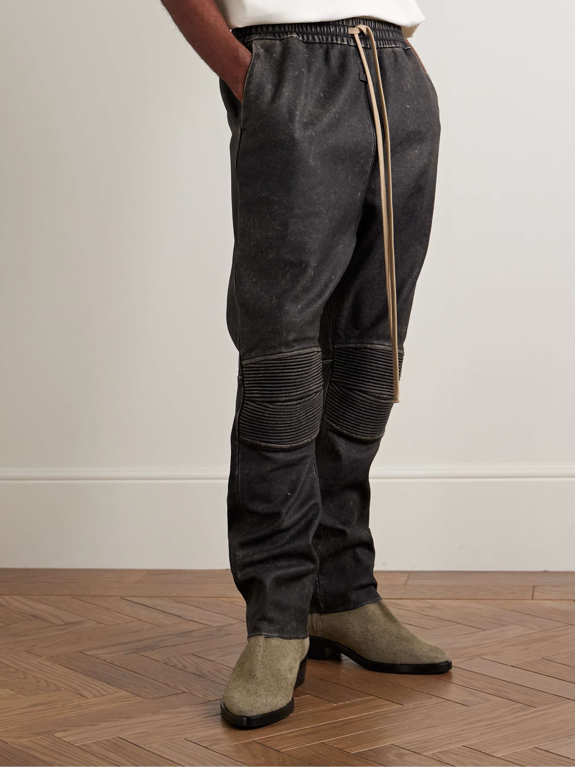 Moto Straight-Leg Leather Drawstring Trousers view
